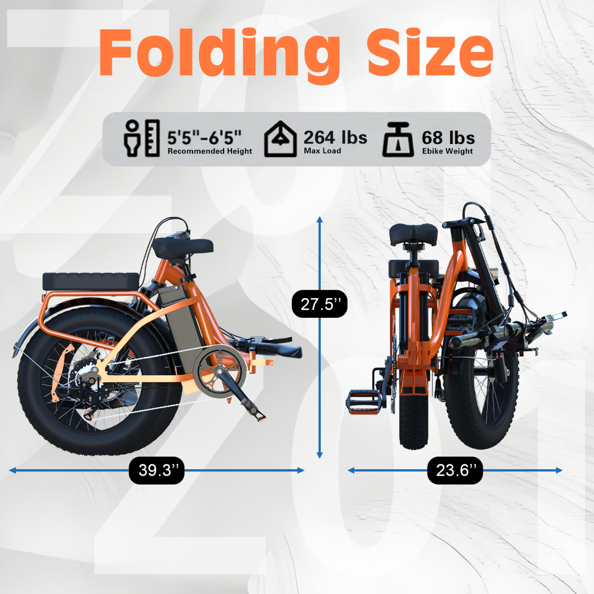 Pomarańczowy rower elektryczny: rozłożony (39,3 cala) i złożony (23,6 cala).