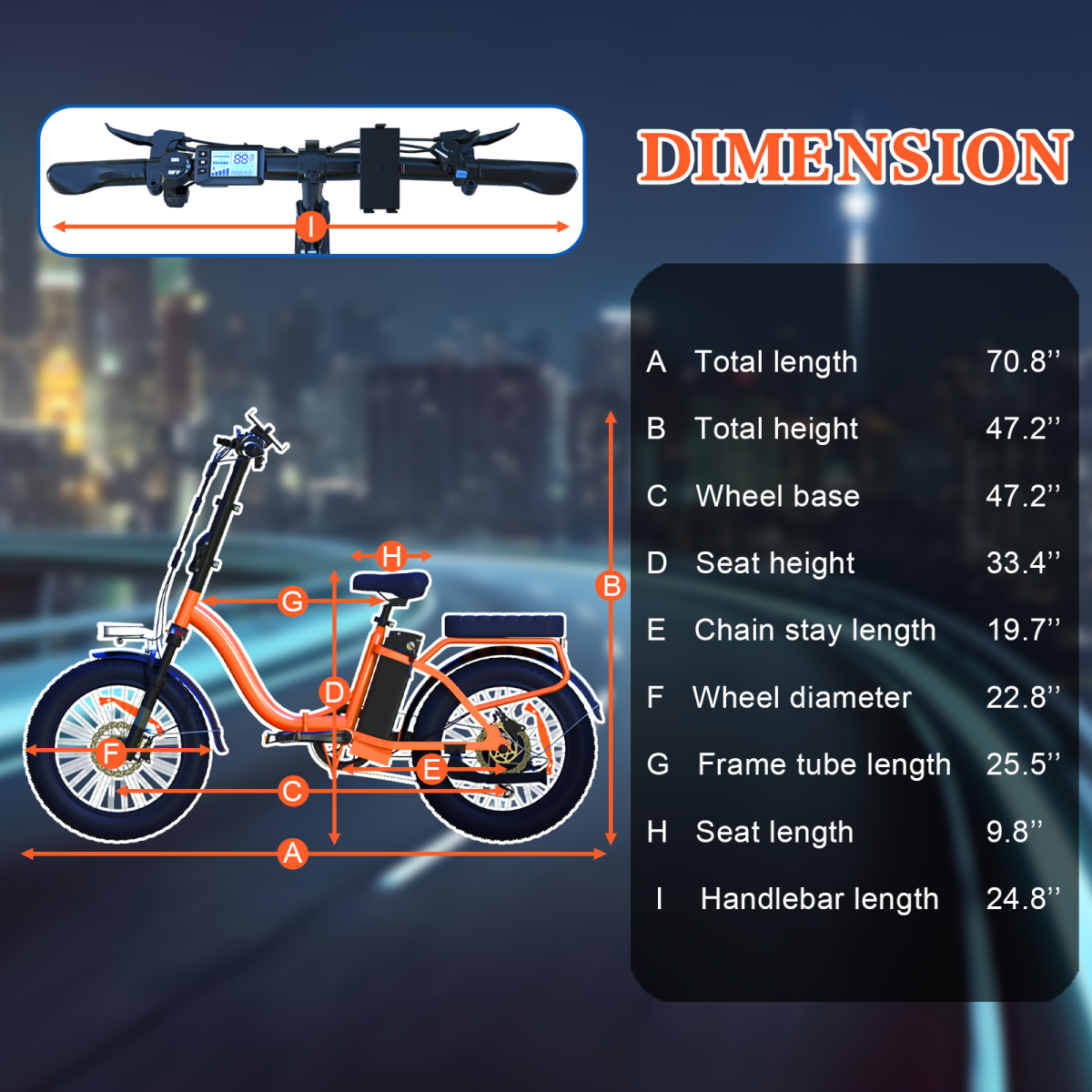 Pomarańczowy rower elektryczny z wymiarami i tłem świateł miejskich.