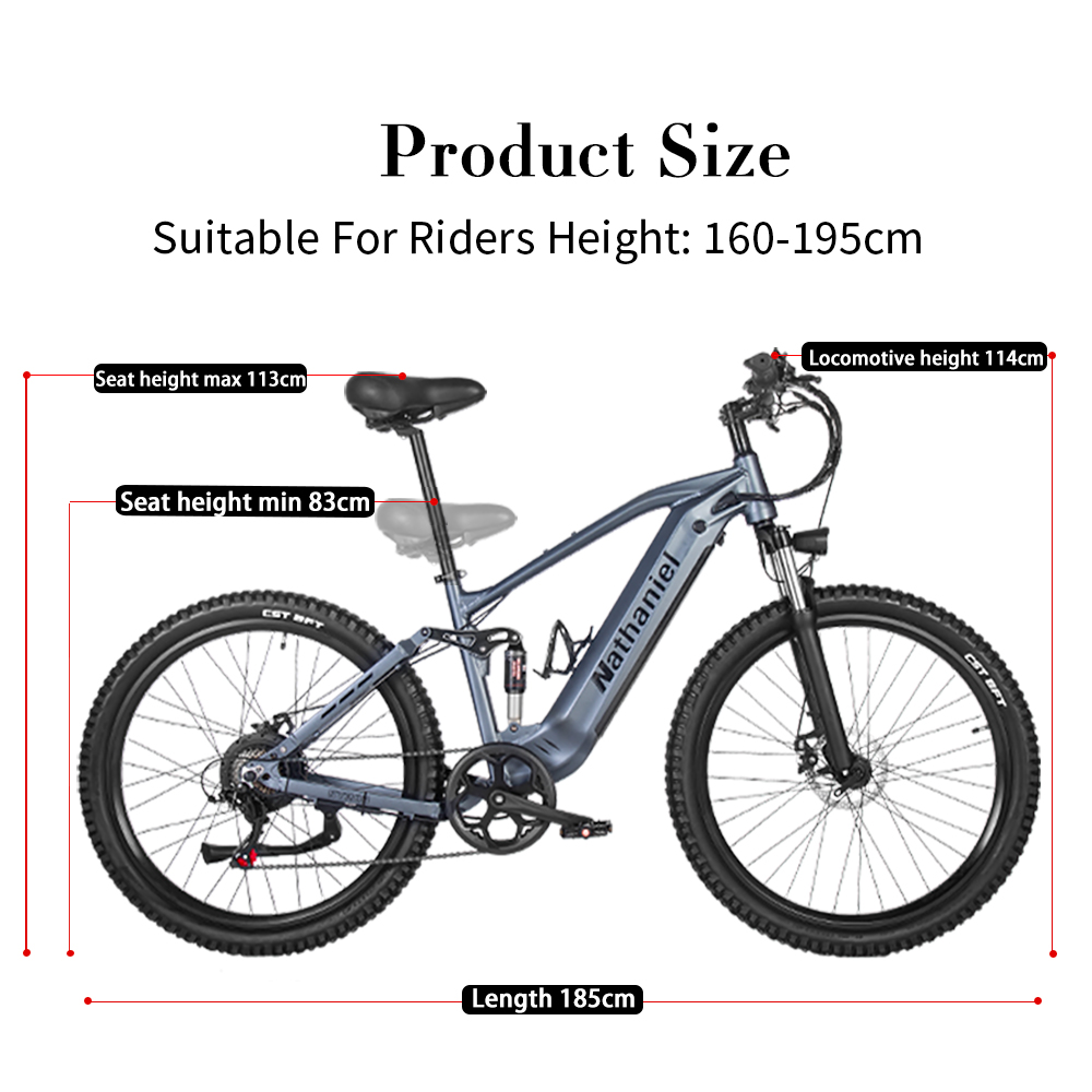 Una e-bike grigia con dettagli sulle dimensioni: altezza sella 83-113cm, lunghezza 185cm, altezza 114cm.