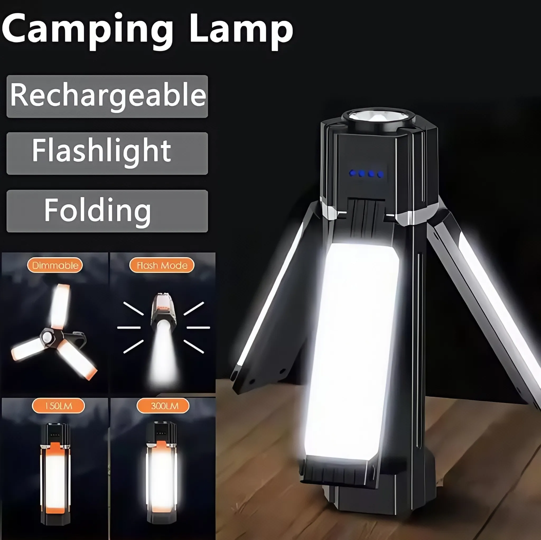 Ein heller, ausklappbarer Camping-LED-Strahler mit Ladeanzeige und verschiedenen Modi.