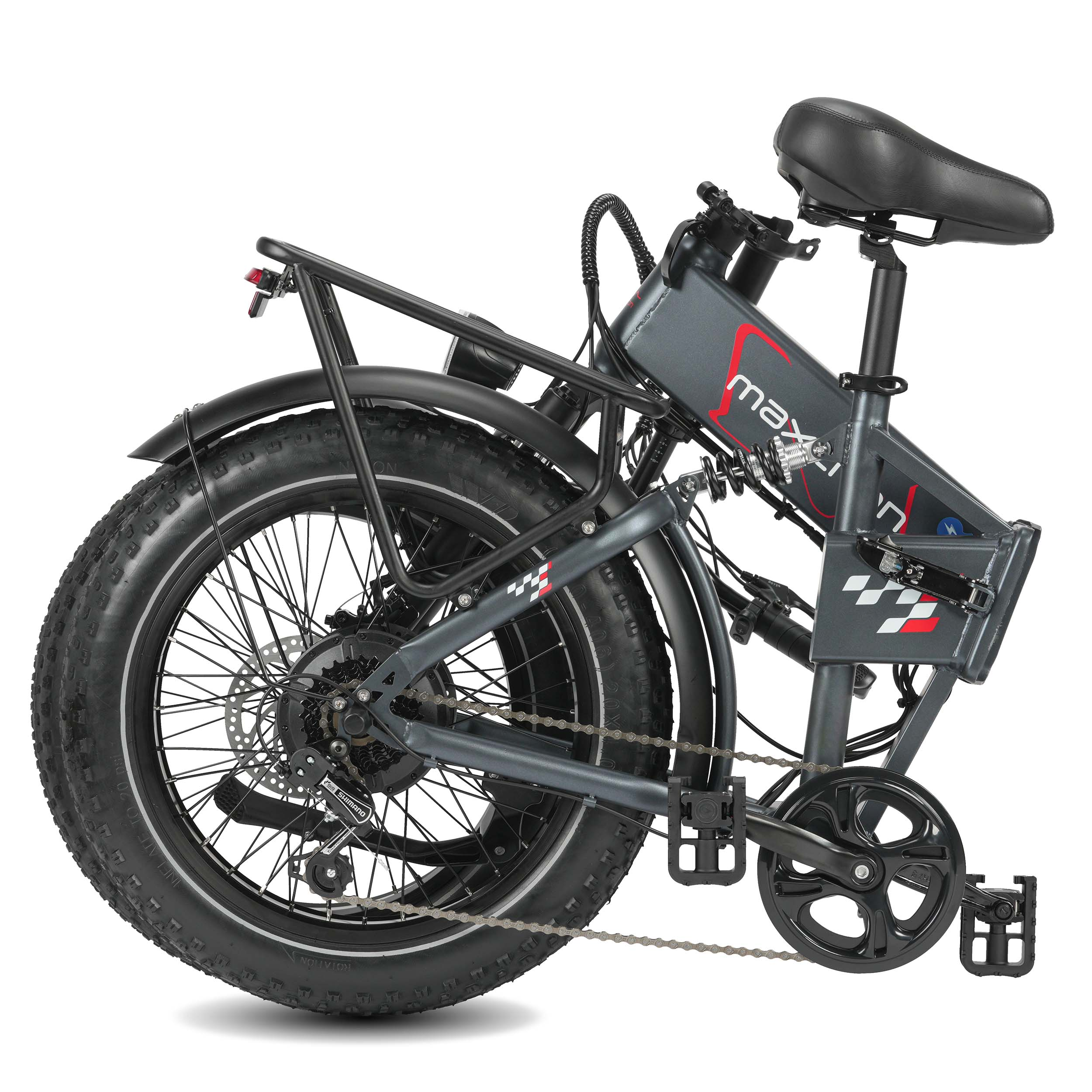 Bicicletta elettrica pieghevole grigia con pneumatici larghi, sella nera e portapacchi.