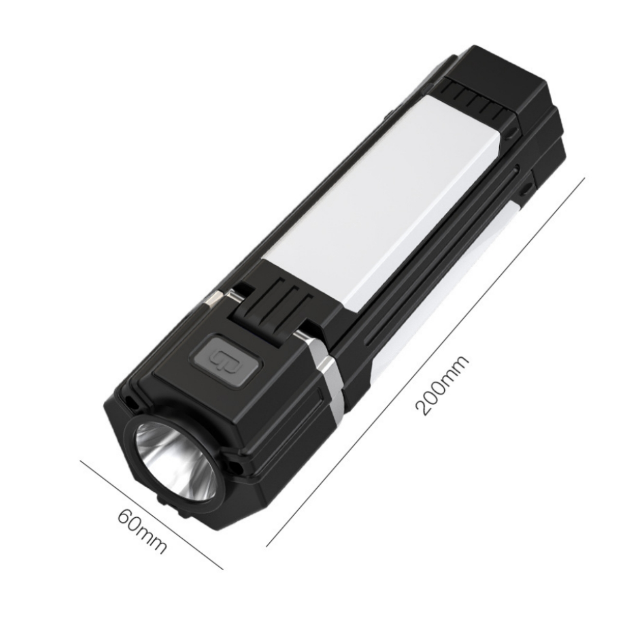 Schwarze Taschenlampe mit weißem Streifen und Maßen 60mm x 200mm.