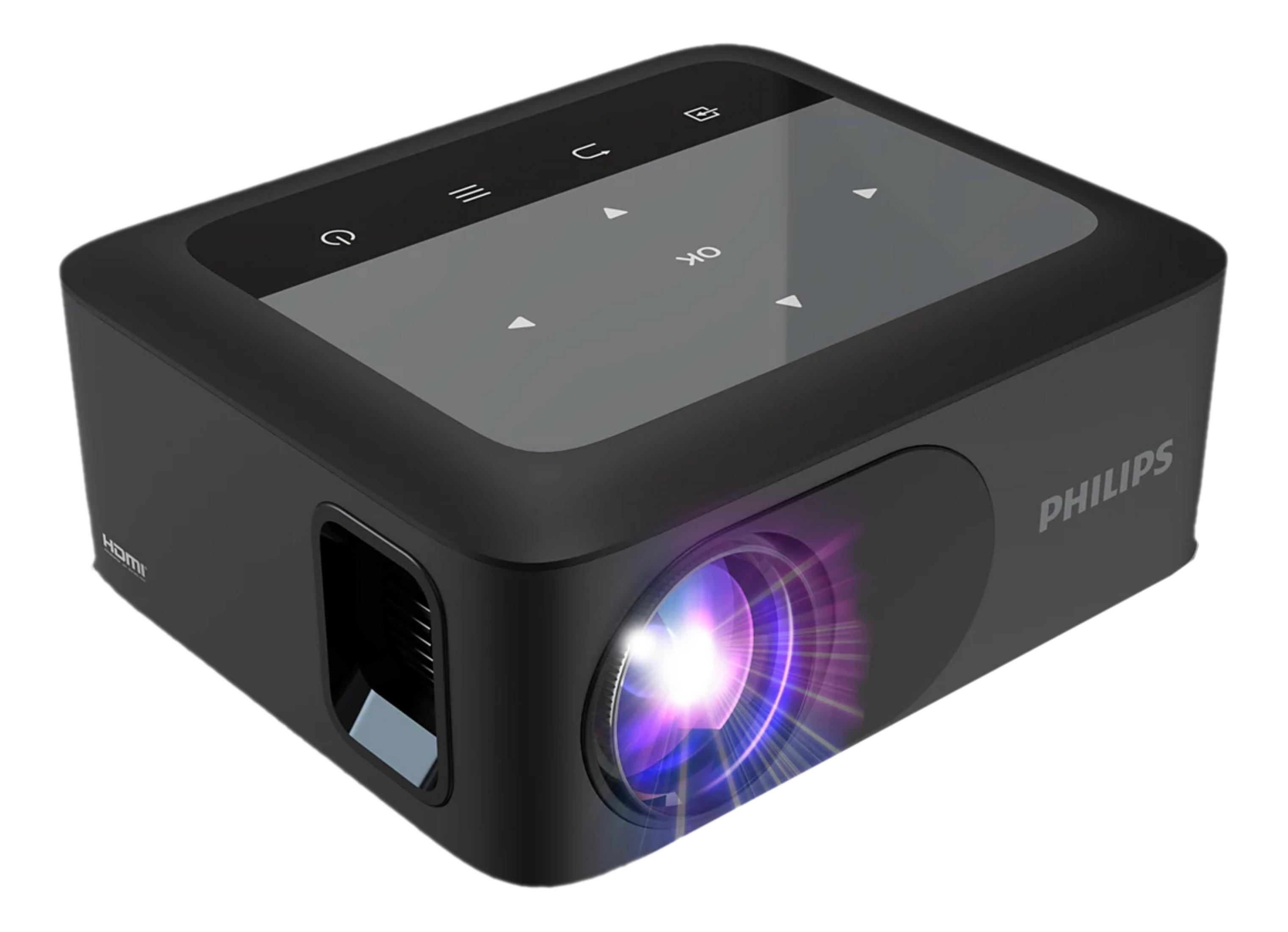 Czarny projektor Philips z obiektywem i przyciskami sterowania.
