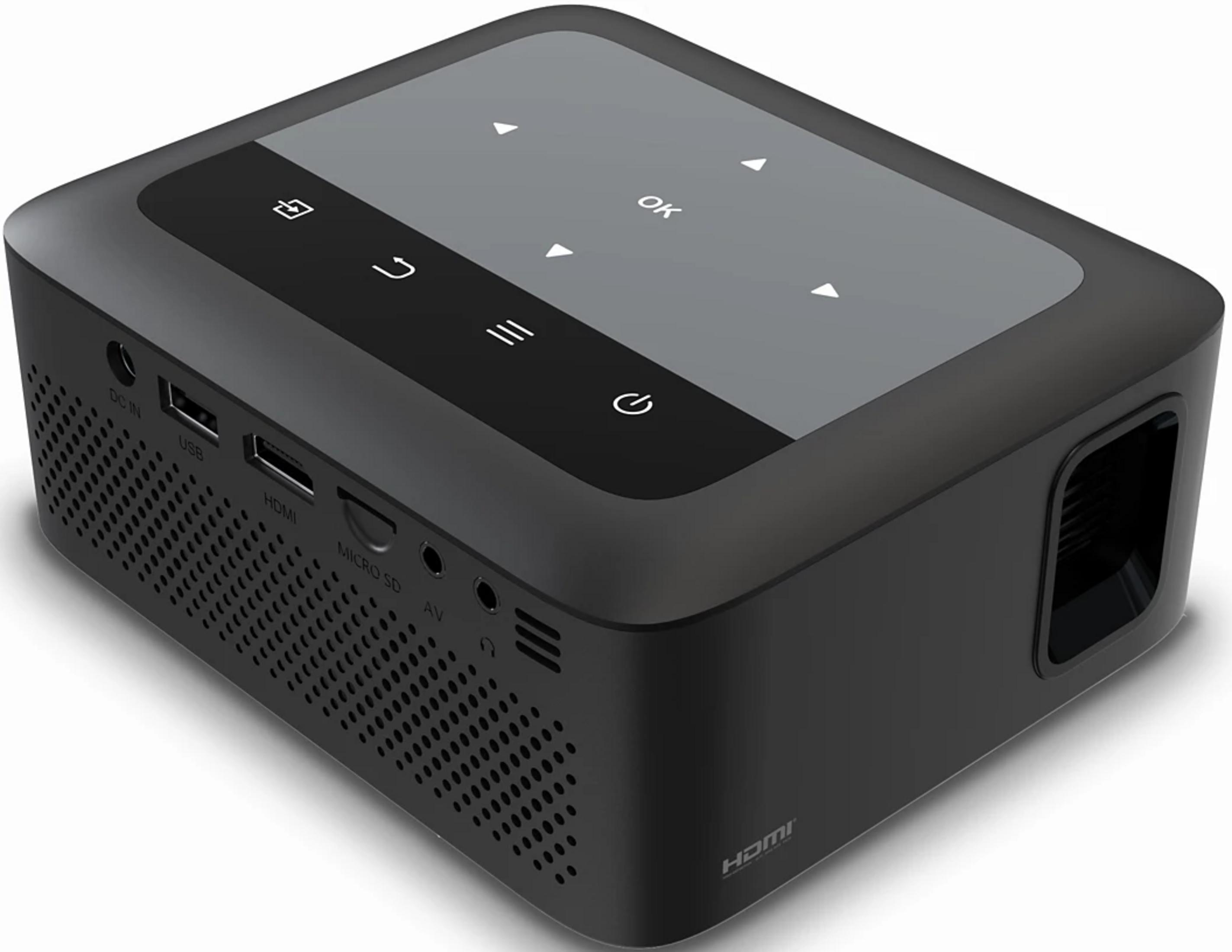 Czarny, kompaktowy projektor z przyciskami sterującymi i portami z boku.