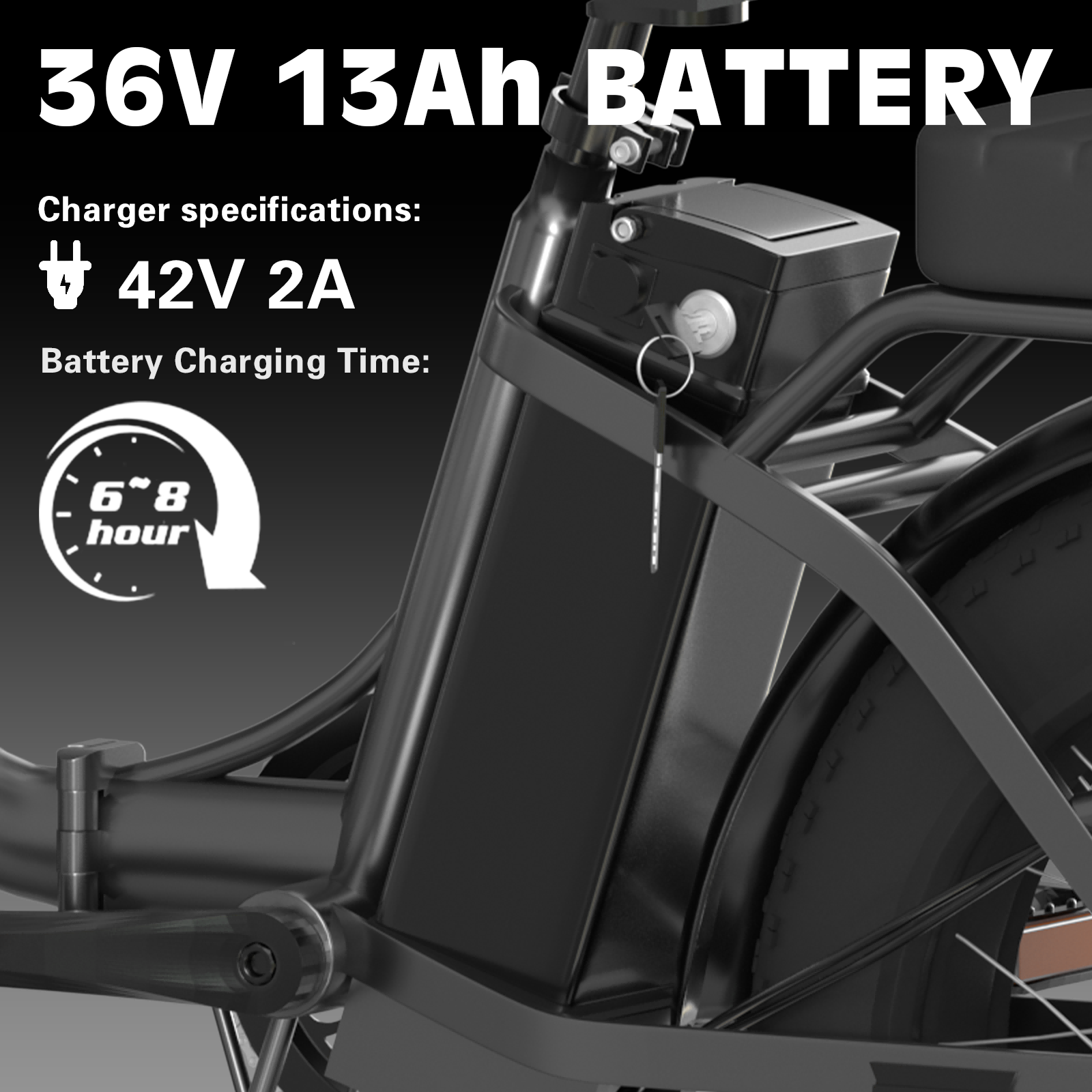 Bateria 36V 13Ah z ładowarką 42V 2A, czas ładowania 6-8 godzin.