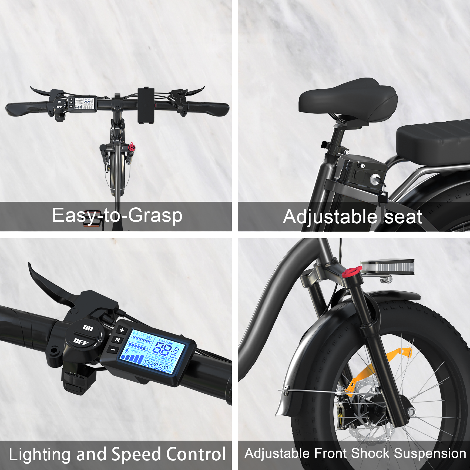 Zbliżenie kierownicy, siodełka i przedniego koła roweru elektrycznego.