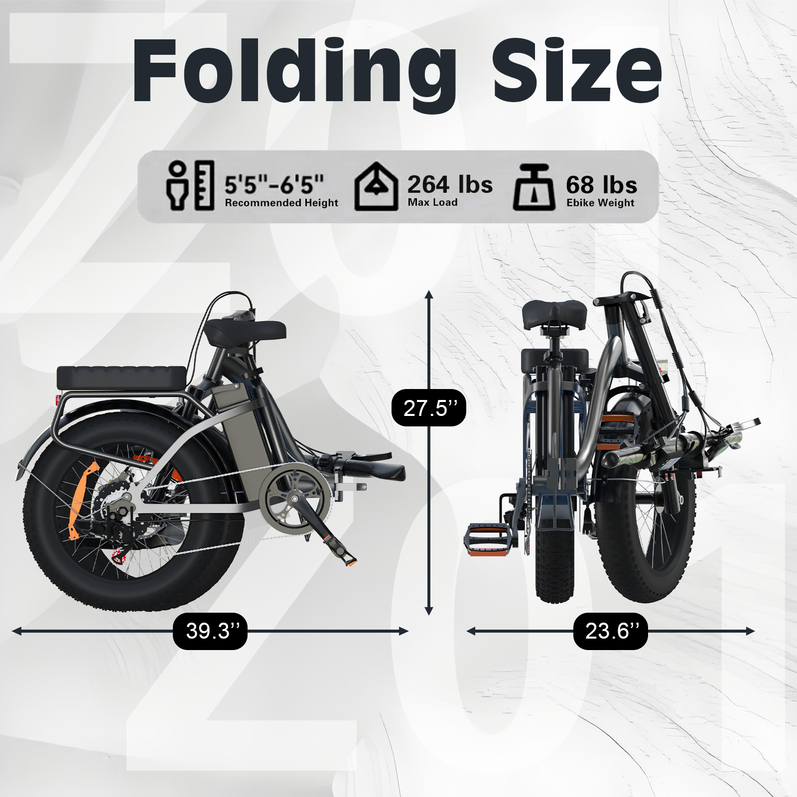 Rozłożony rower elektryczny obok złożonego. Zawiera specyfikacje.