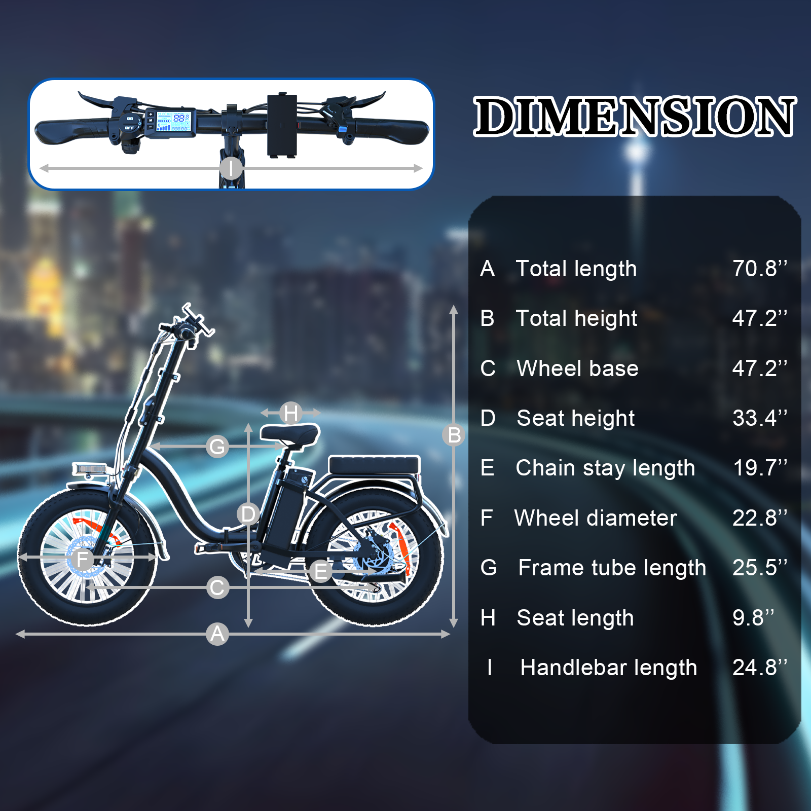 Wymiary czarnej hulajnogi elektrycznej z wyświetlaczem i miejskim tłem.