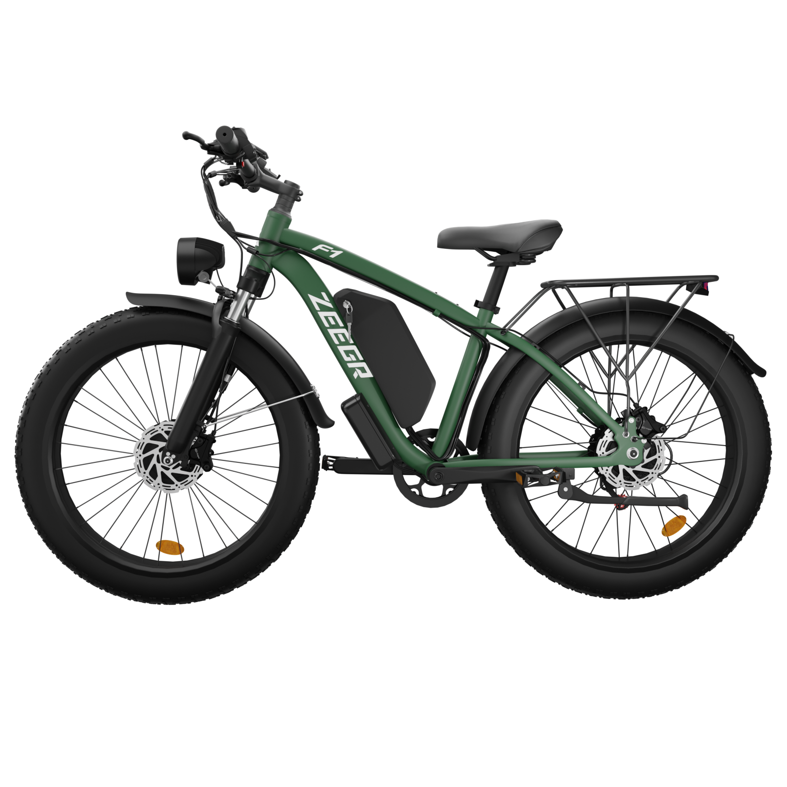 Zielony rower elektryczny typu fatbike z bagażnikiem i przednim światłem.