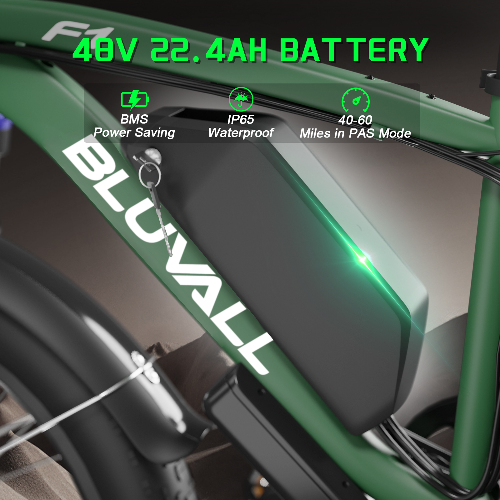 Zielony rower elektryczny z baterią 48V 22.4AH, BMS, wodoodporny IP65, zasięg 40-60 mil.