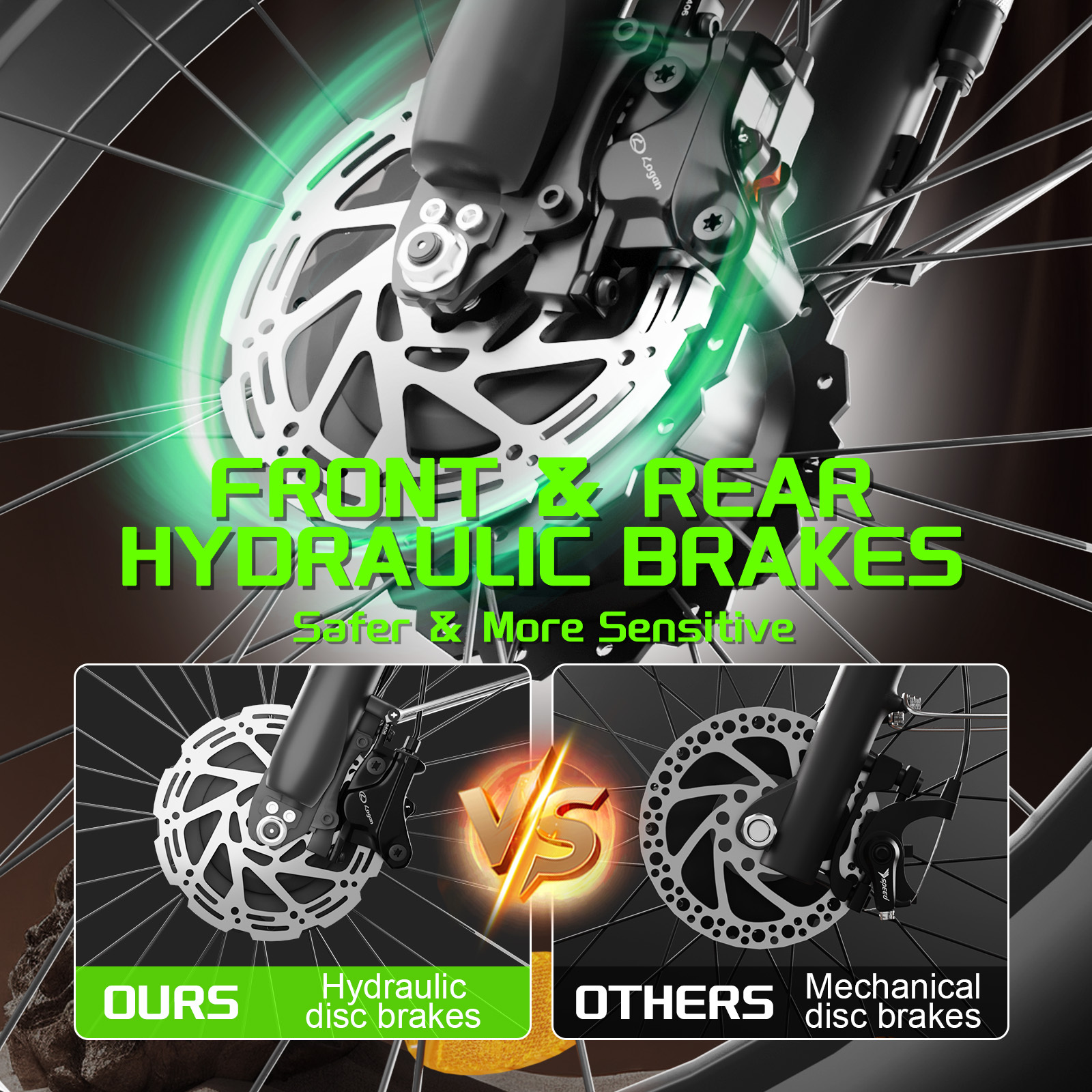 Hamulce tarczowe rowerowe: Hydrauliczne vs. Mechaniczne z zielonymi akcentami.