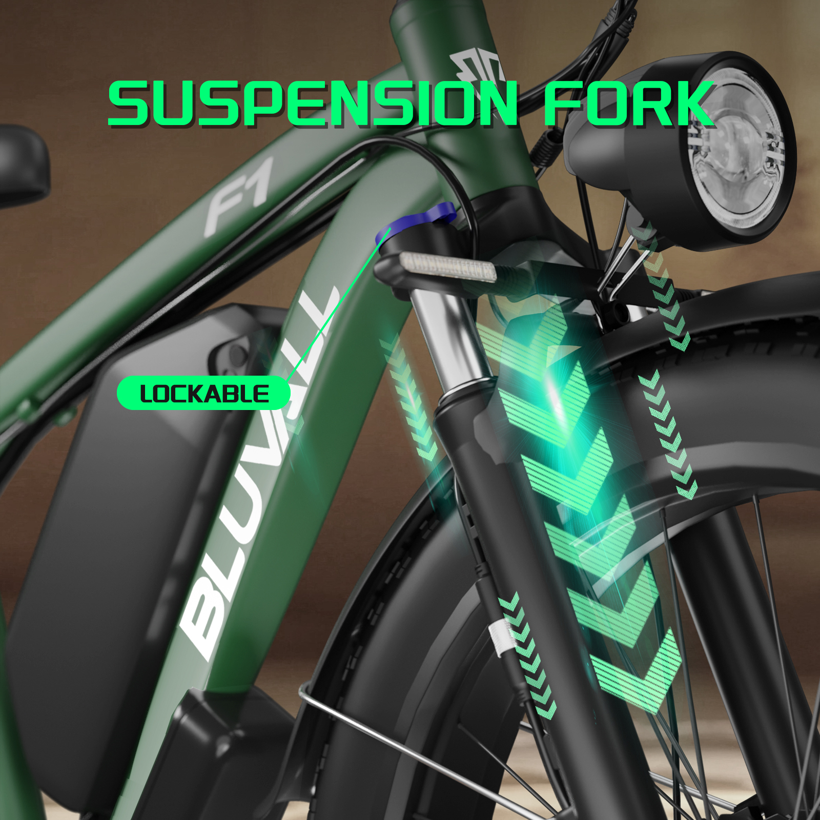 Zielony rower z amortyzowanym widelcem i baterią. Tekst: Amortyzowany widelec, Blokowany.