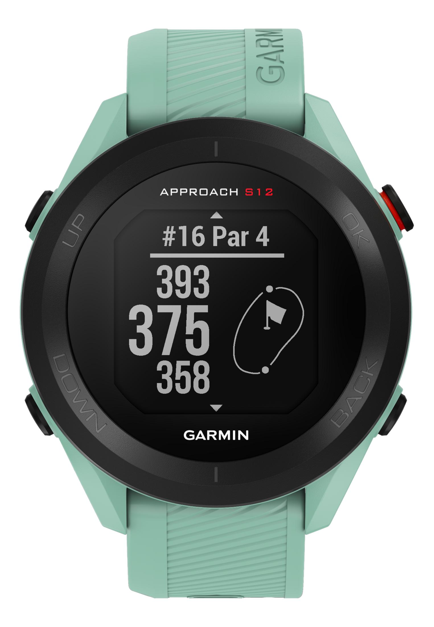 Miętowo-zielony smartwatch Garmin wyświetla info golf: #16 Par 4, dystanse 393, 375, 358.