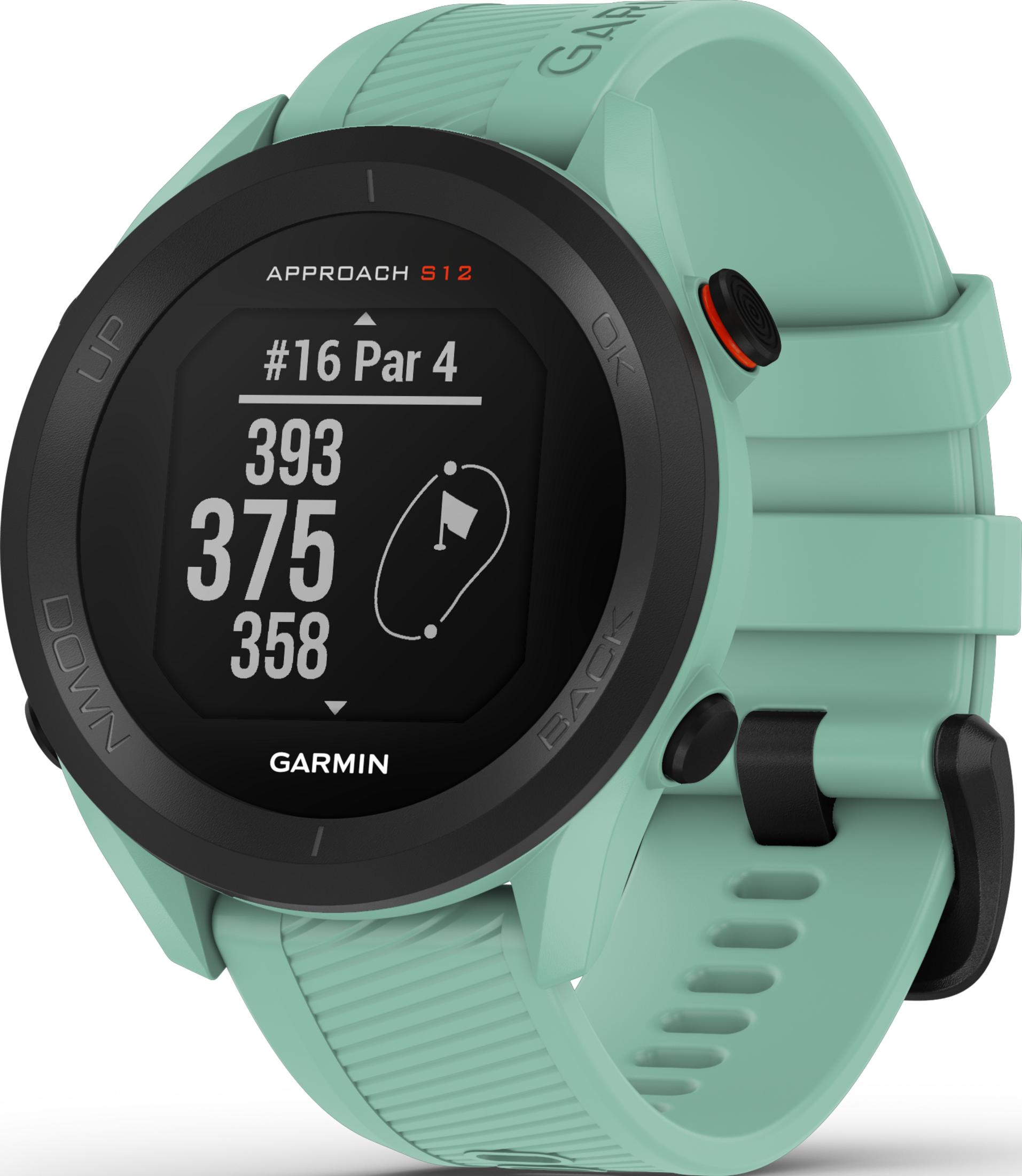 Miętowa zielona inteligentna zegarek golfowy Garmin Approach S12 z czarnymi przyciskami.