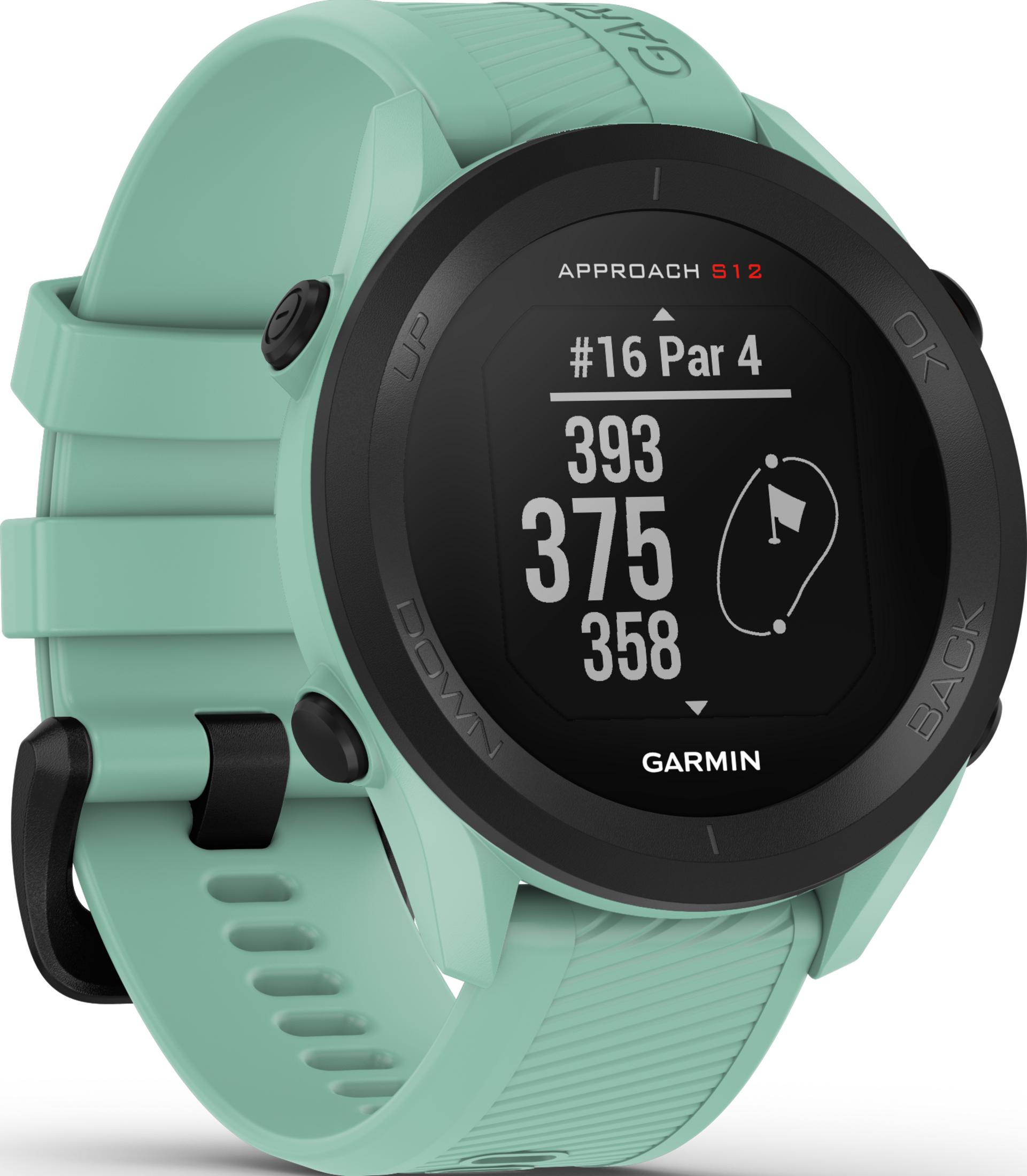 Miętowo-zielony smartwatch golfowy Garmin Approach S12 z czarną tarczą.