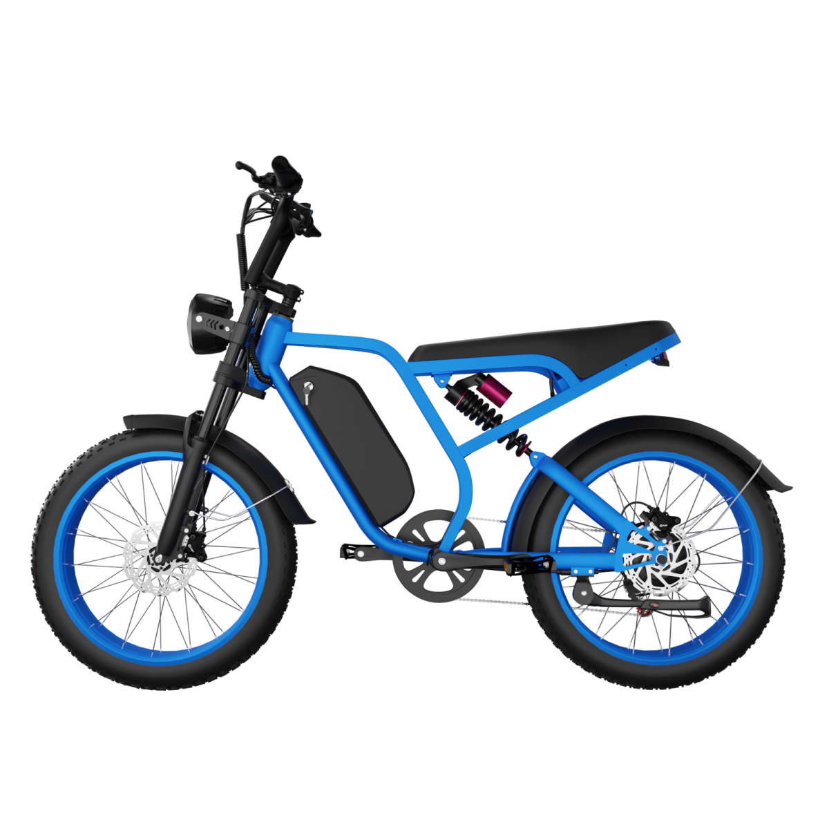 Niebieski rower elektryczny z czarnymi oponami i felgami, czarnym siodełkiem i akumulatorem.