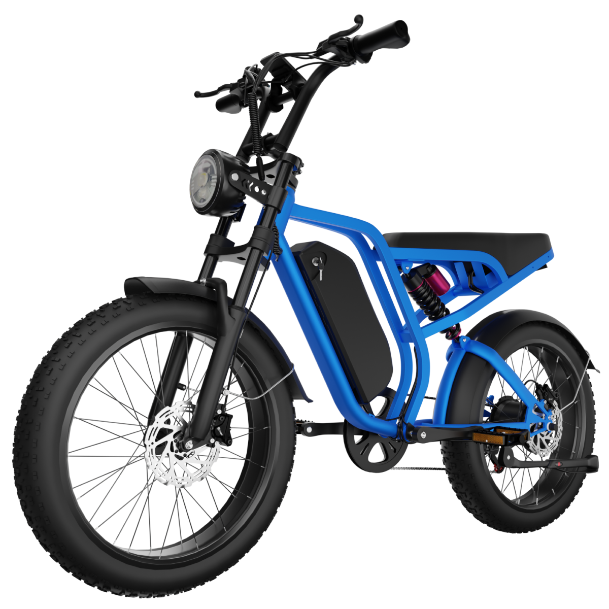 Niebieski rower elektryczny z grubymi oponami, czarnym siodłem i amortyzacją.
