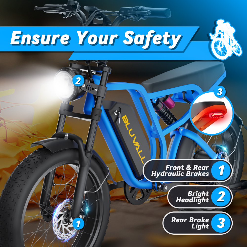 Niebieski rower elektryczny z hamulcami hydraulicznymi, jasnym światłem przednim i tylnym.