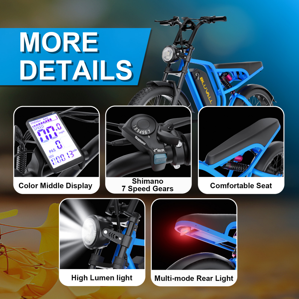 Niebieski rower elektryczny z cyfrowym wyświetlaczem, manetką, siedzeniem i światłami.