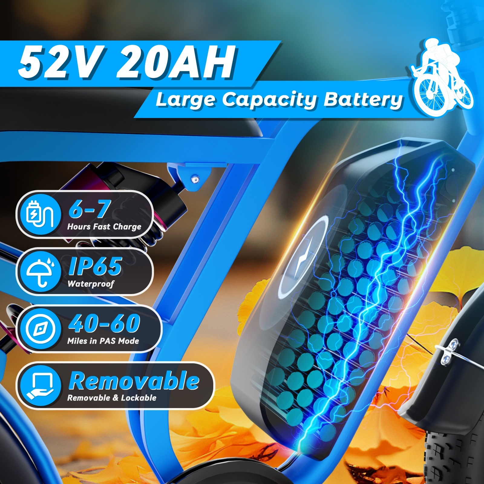Niebieska bateria roweru elektrycznego 52V 20AH, szybkie ładowanie, wodoodporna, zasięg 40-60 mil.