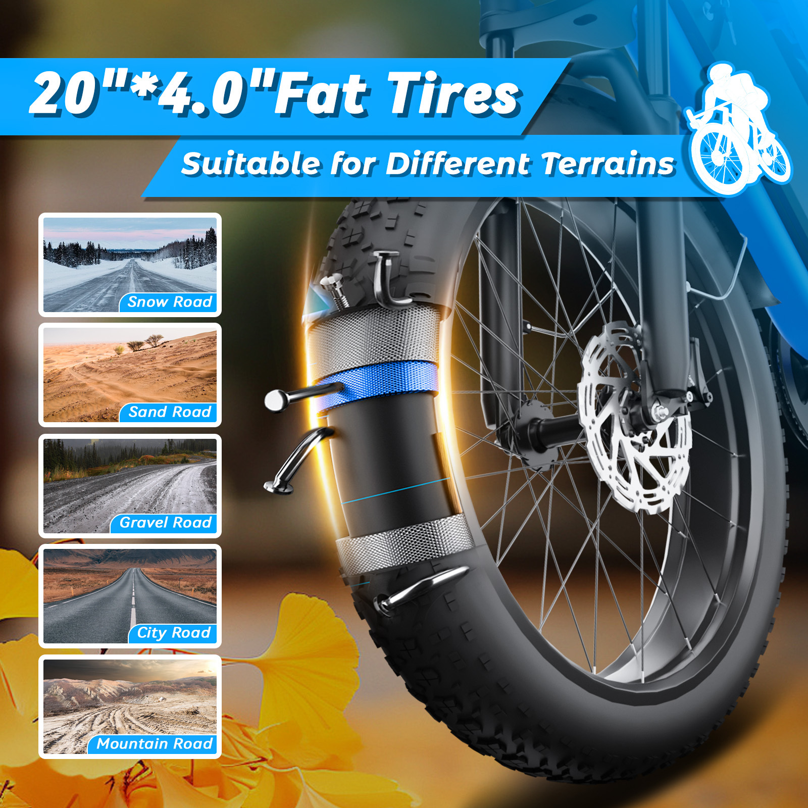 Opony 20"x4.0" do jazdy po śniegu, piasku, szutrze, mieście i górach.