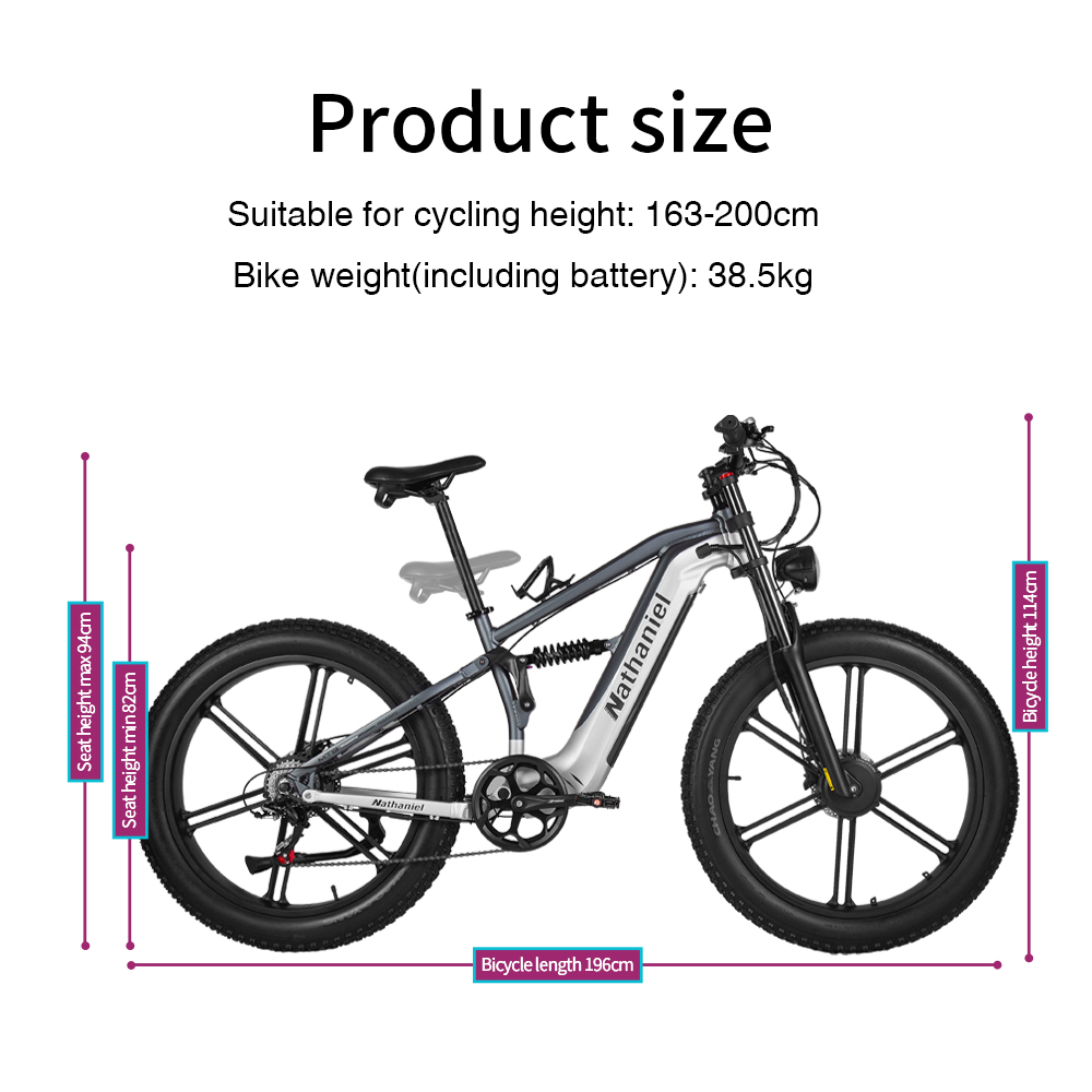 Una bicicleta eléctrica con dimensiones: altura asiento 82-94cm, largo 196cm, alto 114cm.