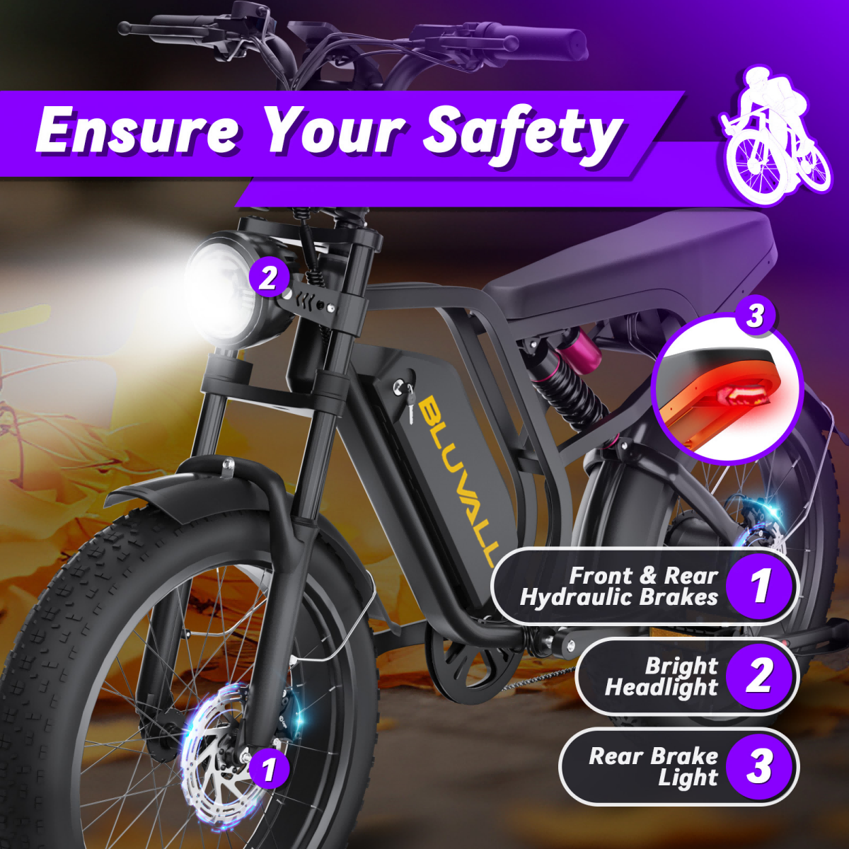 Czarny rower elektryczny z jasnymi światłami, hamulcami i czerwoną lampką.