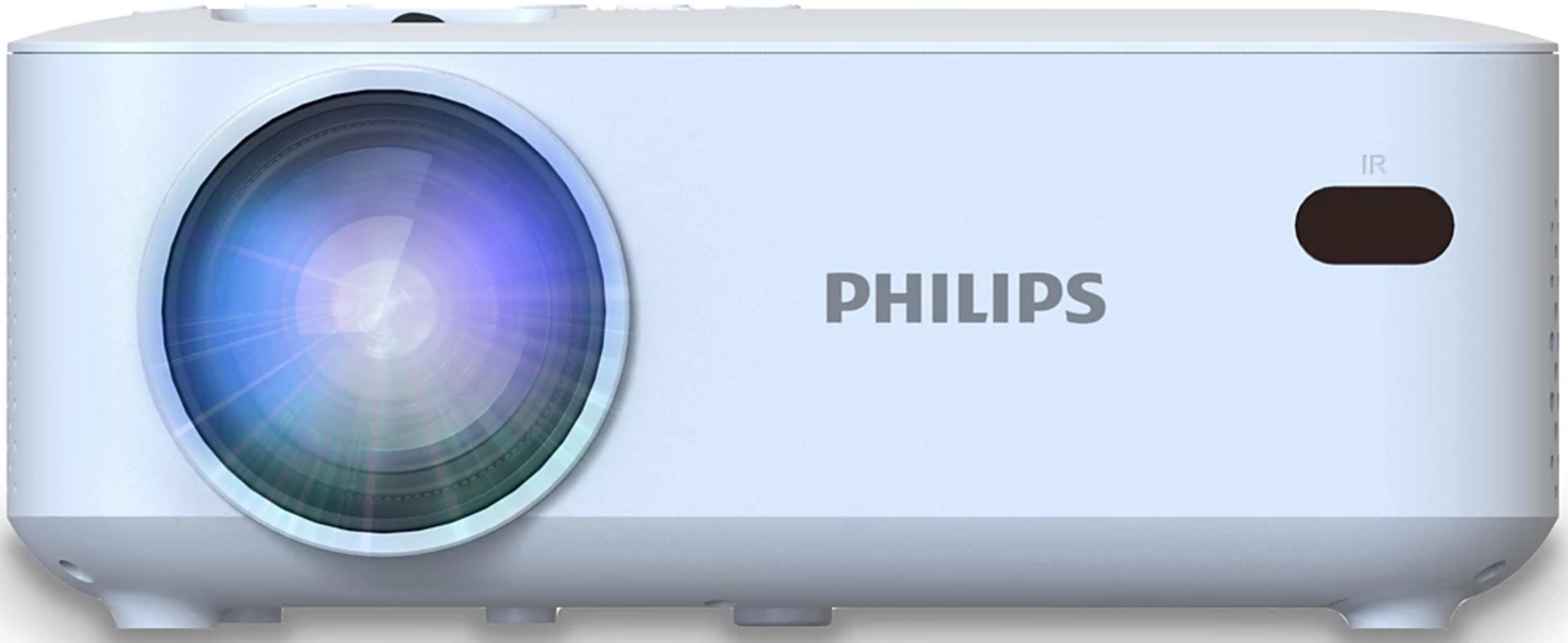 Ein weißer Philips-Projektor mit einem großen Objektiv und einem IR-Sensor.