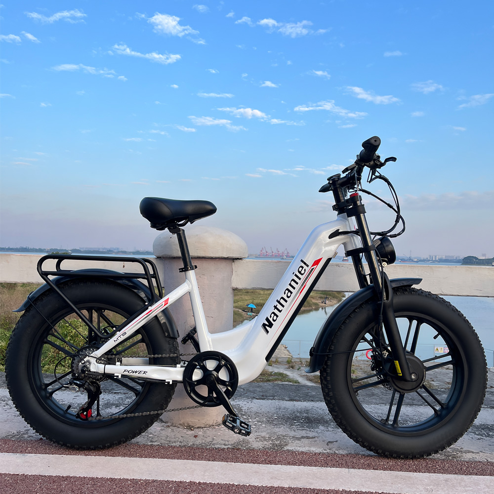 Ein weißes E-Bike mit dicken Reifen steht an einer Brüstung mit Blick auf das Wasser.
