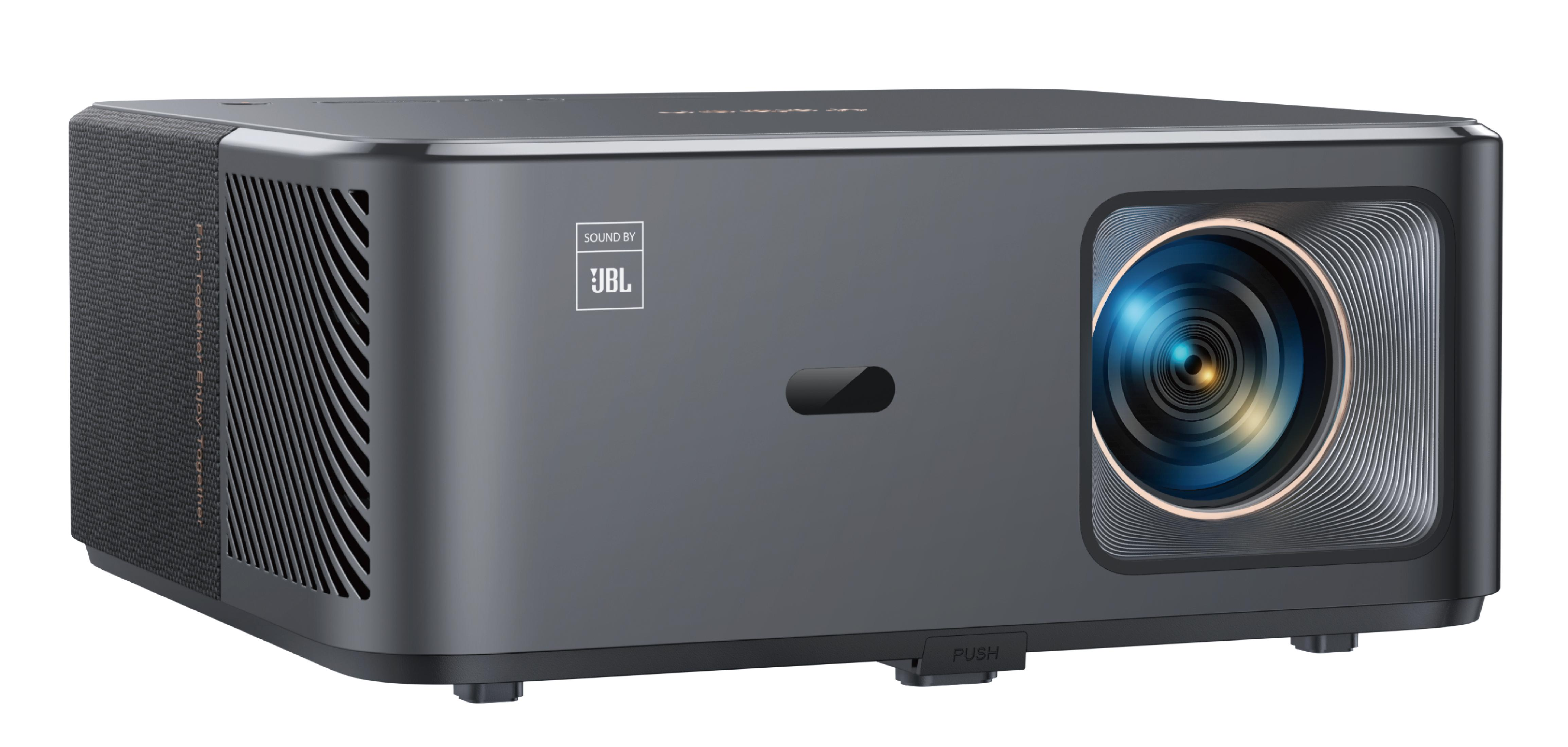 Ciemnoszary projektor z logo JBL i obiektywem.
