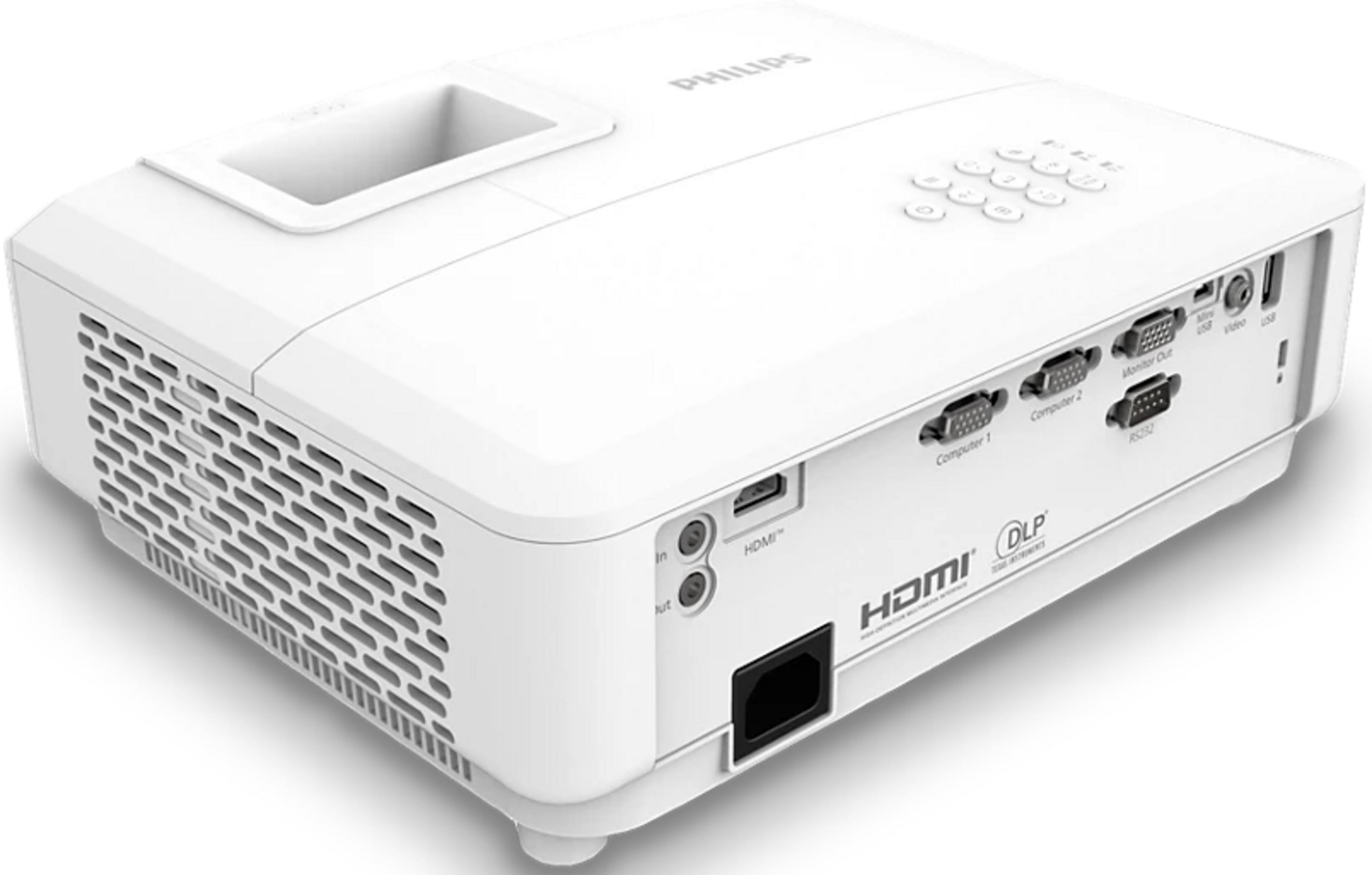 Een witte Philips DLP-projector met poorten zoals HDMI, USB en RS232.