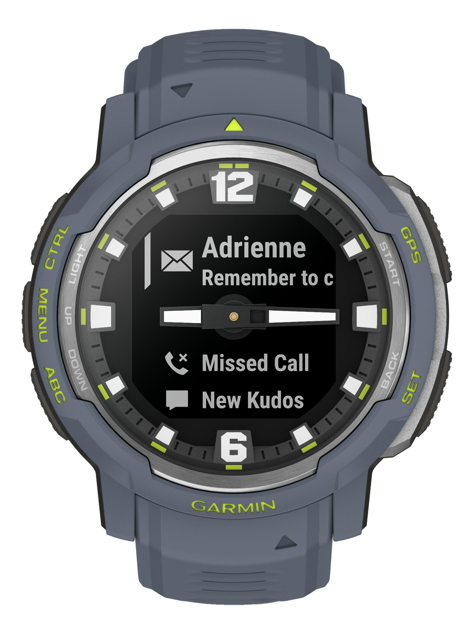 Szary smartwatch z wyświetlaczem cyfrowym: wiadomość, połączenie, kudos i cyfra 6.