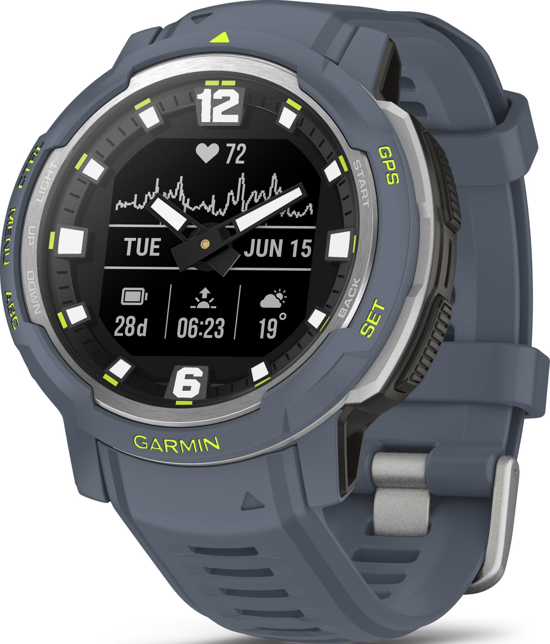 Szary smartwatch Garmin wyświetla godzinę, datę, tętno i pogodę.