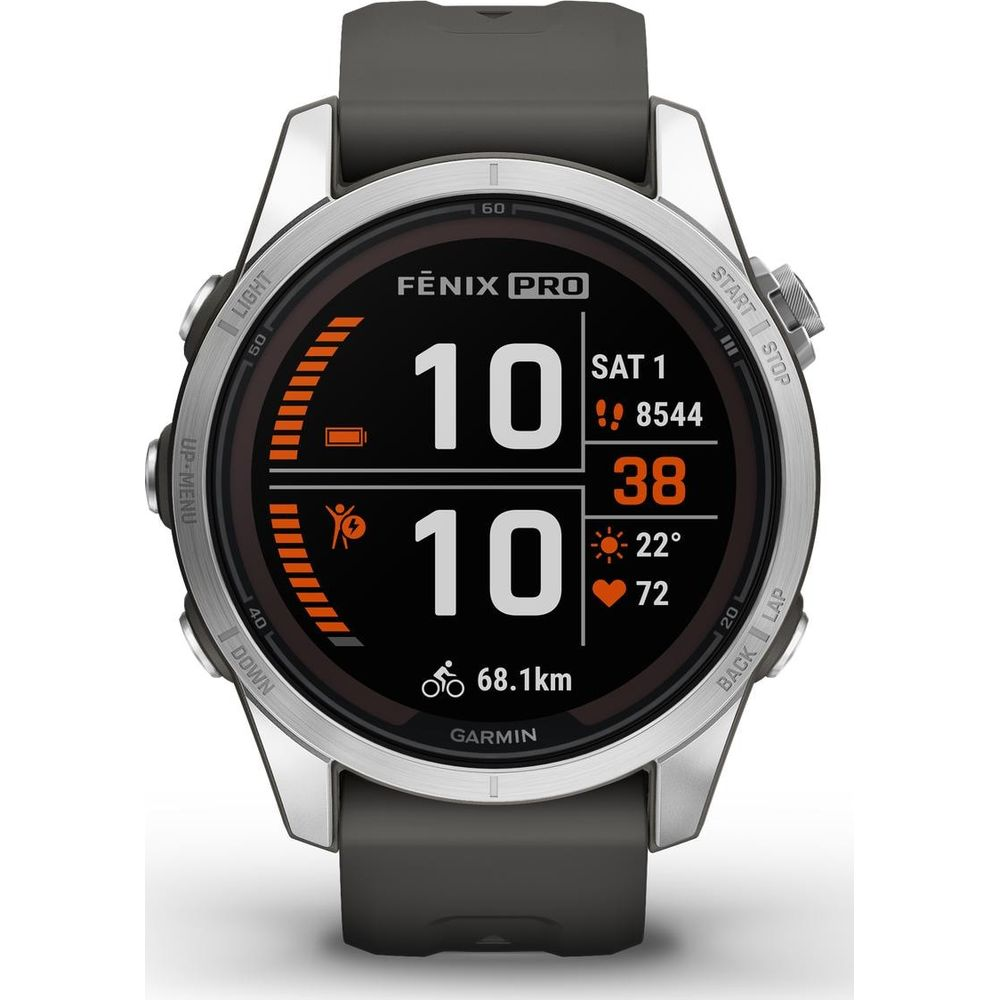 Srebrny smartwatch Garmin Fenix Pro z czarnym paskiem, wyświetlający godzinę 10:10.