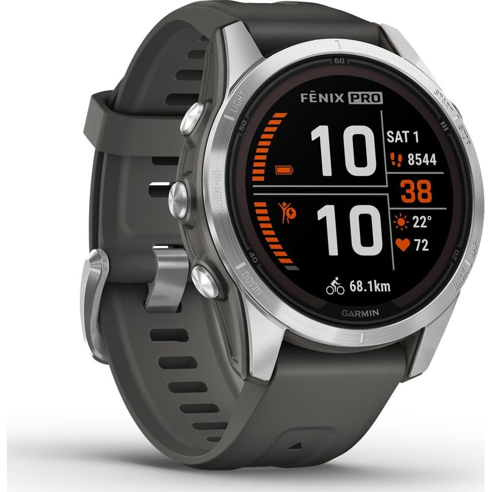 Szary smartwatch Garmin Fenix Pro z czarnym paskiem i szczegółowym wyświetlaczem.