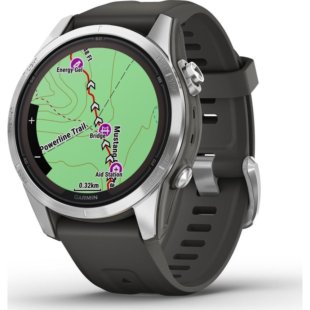 Zegarek Garmin wyświetla mapę ze szlakami, punktem pomocy i znacznikiem żelu energetycznego.