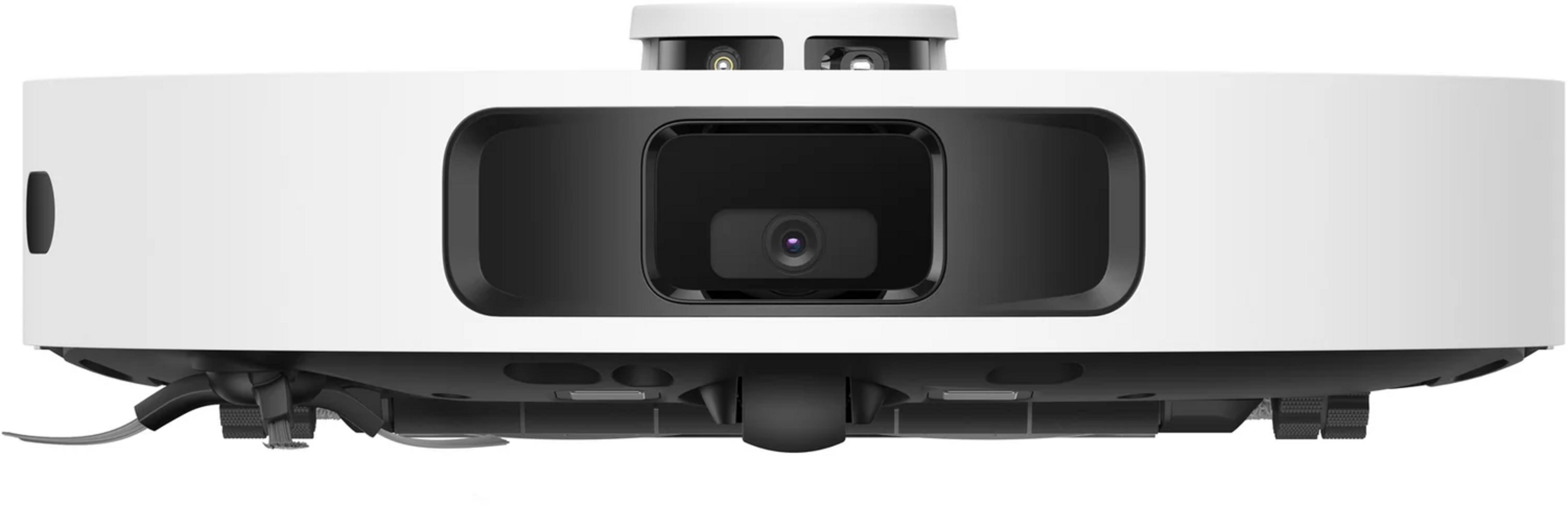 Vista frontal de un robot aspirador blanco con módulo de cámara negro y cepillos.