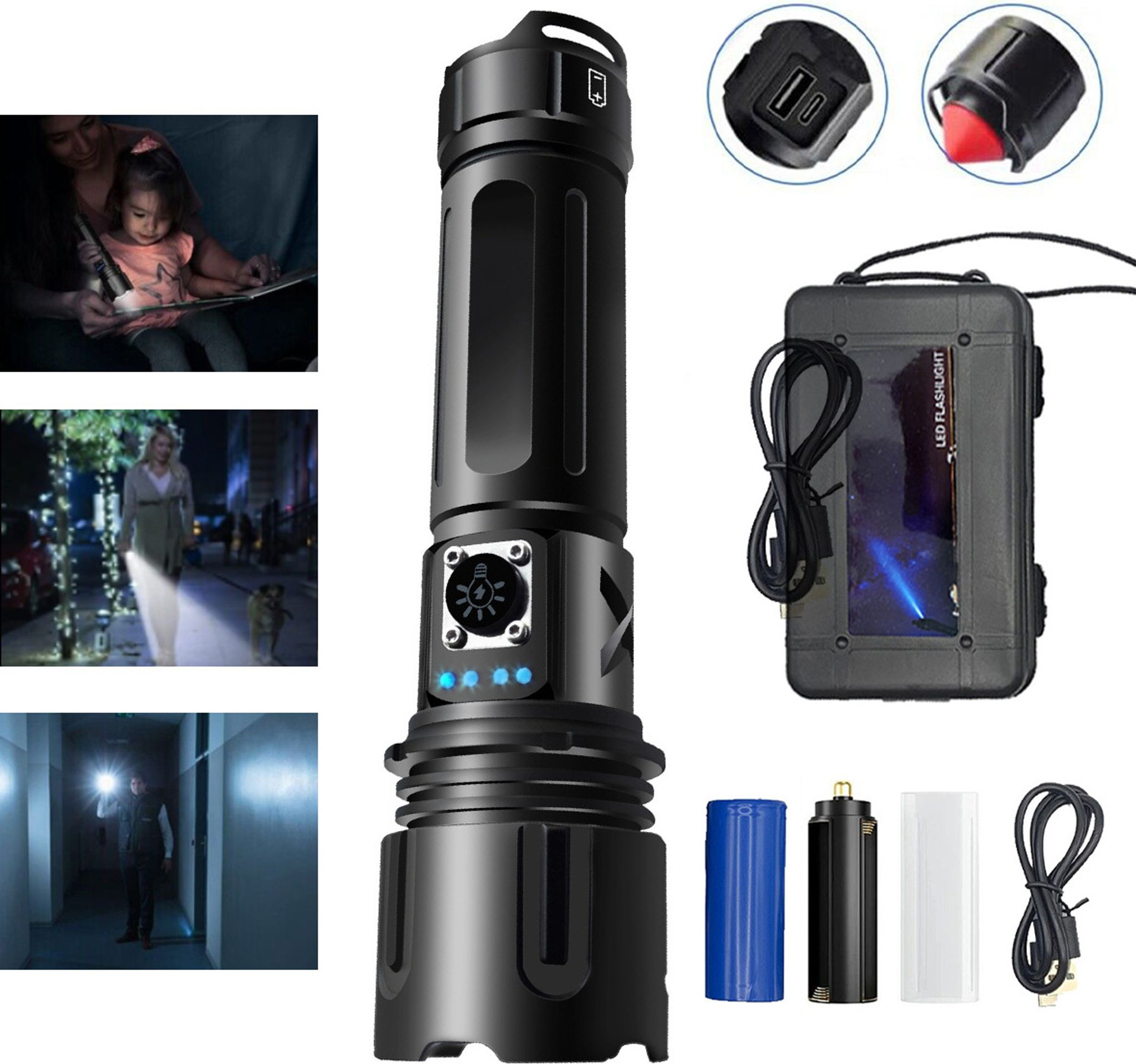 Eine Frau liest einem Kind im Dunkeln mit einer Taschenlampe vor. Zubehör für eine Taschenlampe.