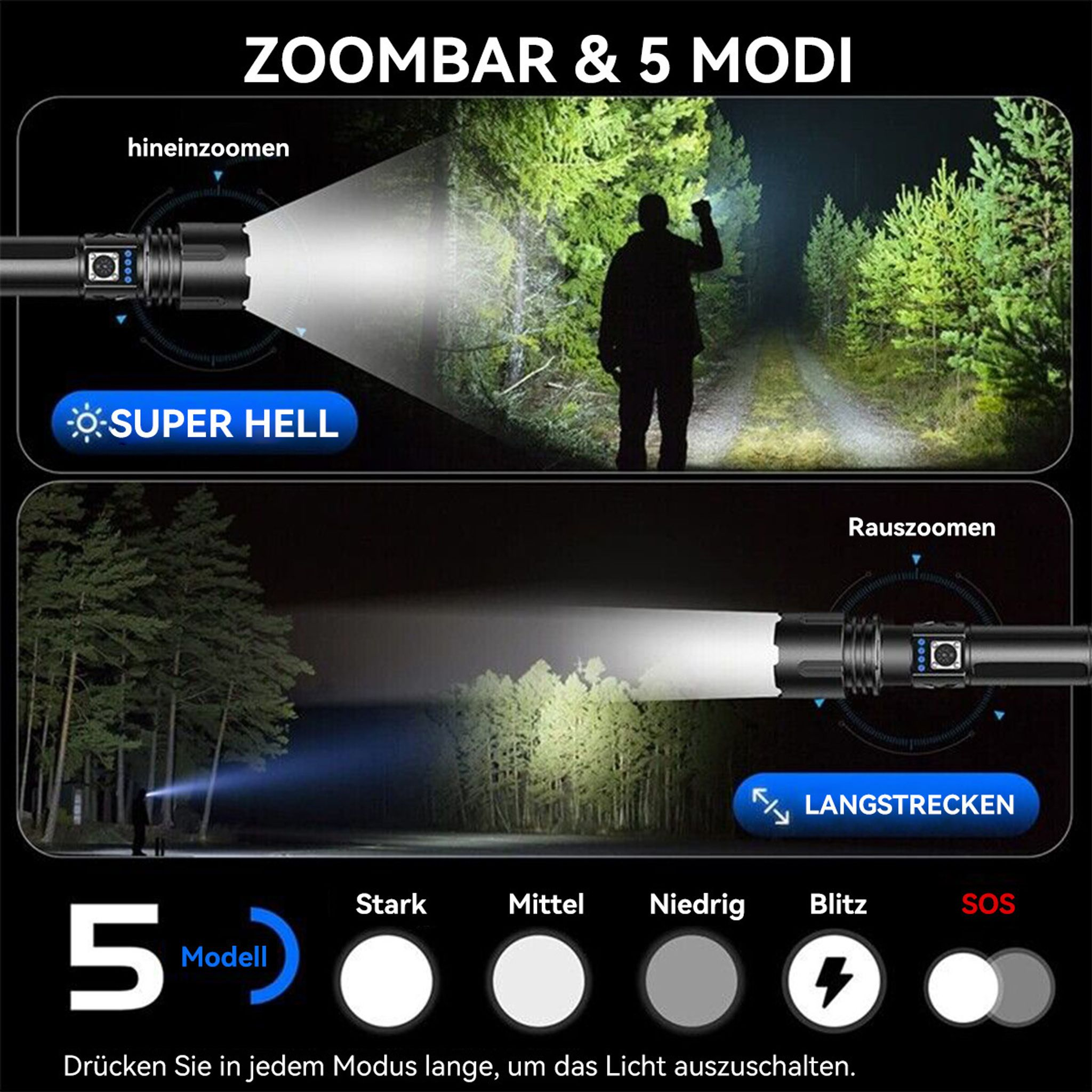 Taschenlampe mit Zoomfunktion und 5 Modi: Super hell, Langstrecken, Blitz, SOS.