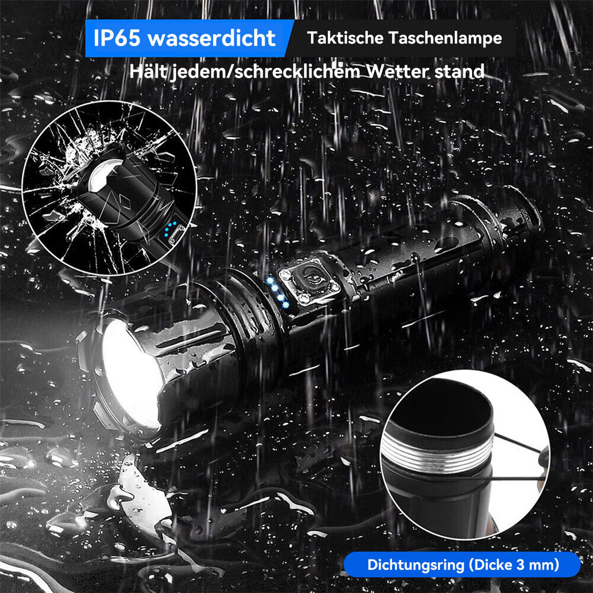Wasserdichte Taschenlampe bei Regen mit Detailansichten.