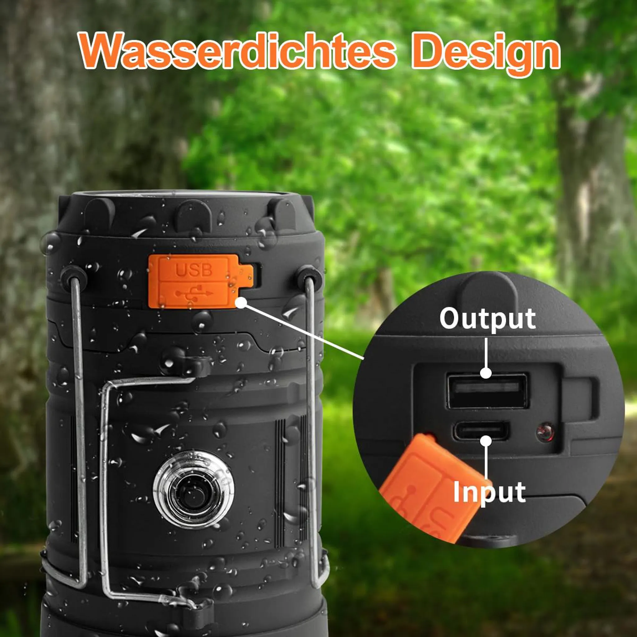 Wasserdichte Laterne mit USB-Anschluss, im Freien mit Bäumen im Hintergrund.