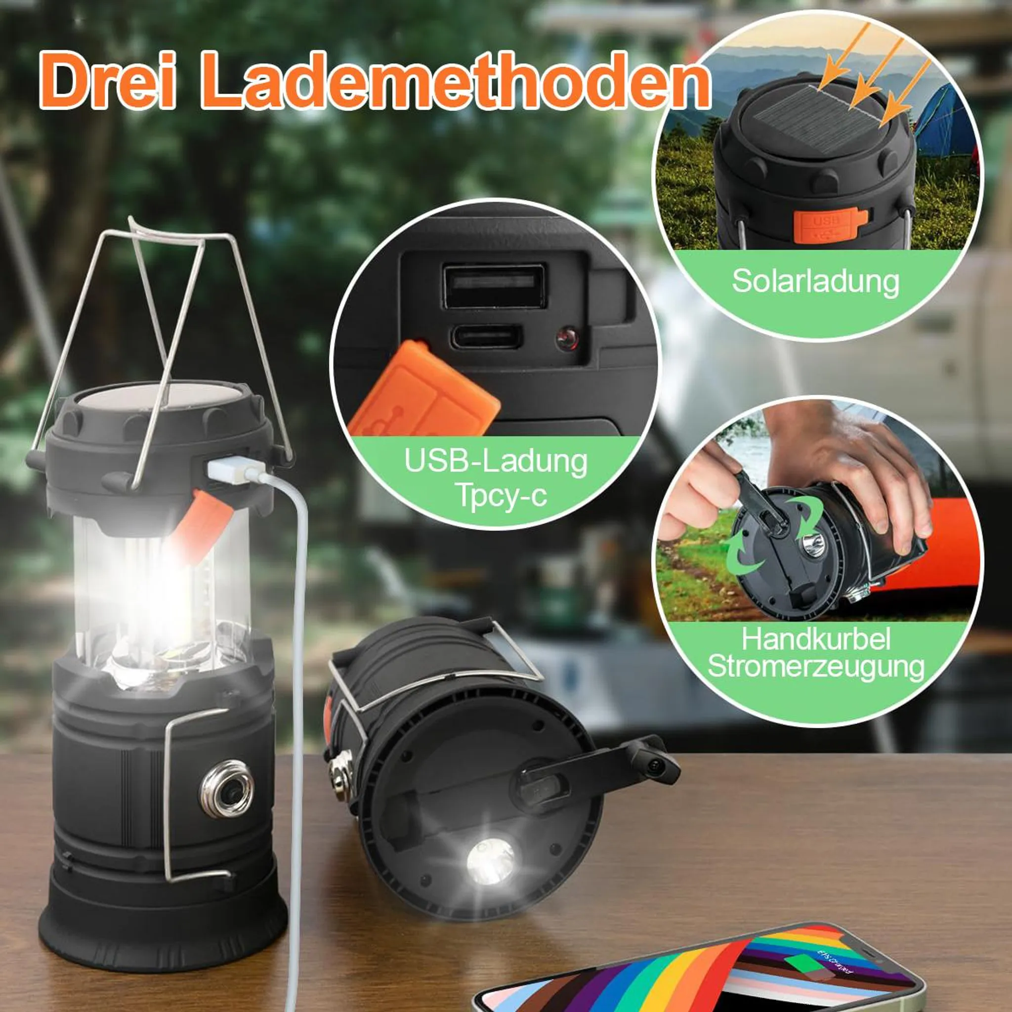Eine Laterne mit drei Lademethoden: Solar, USB-C und Handkurbel.