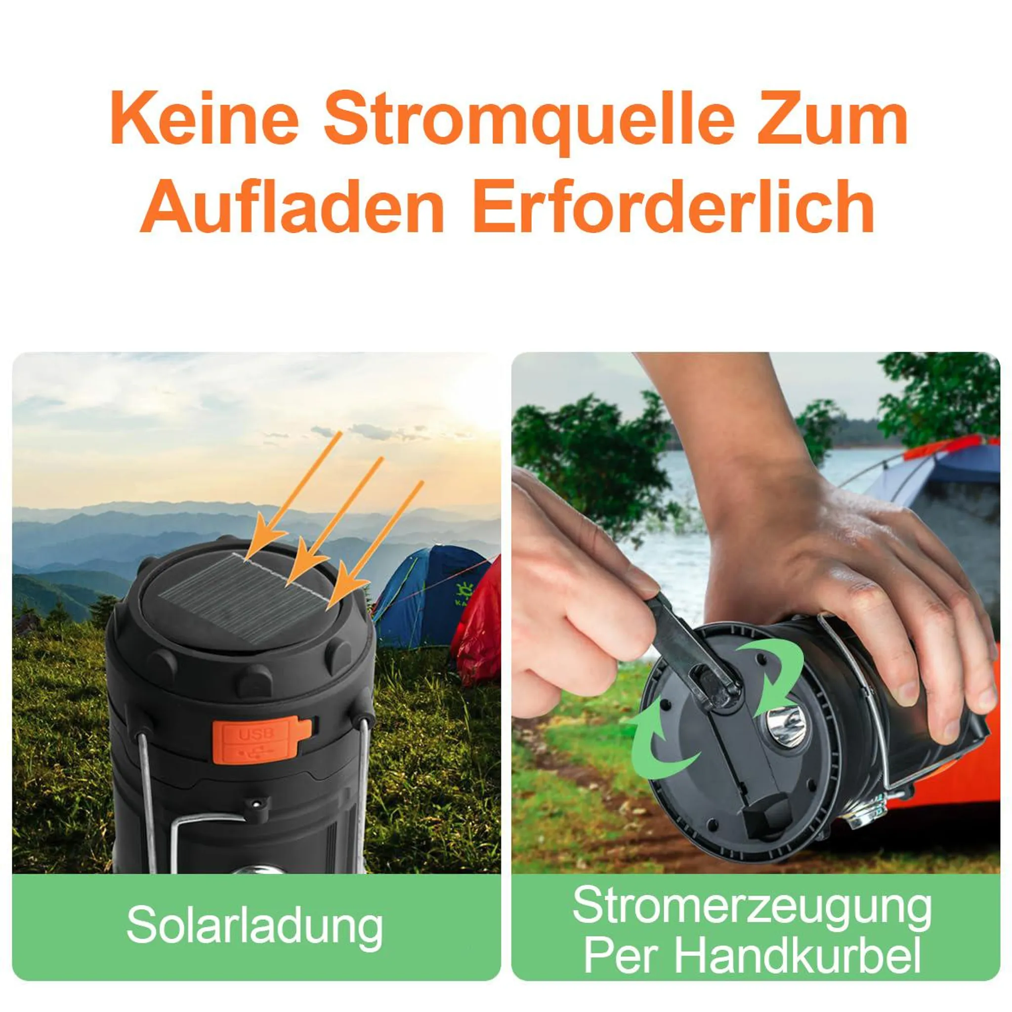 Faltbare Laterne beim Solarladen und Handkurbelbetrieb im Freien.