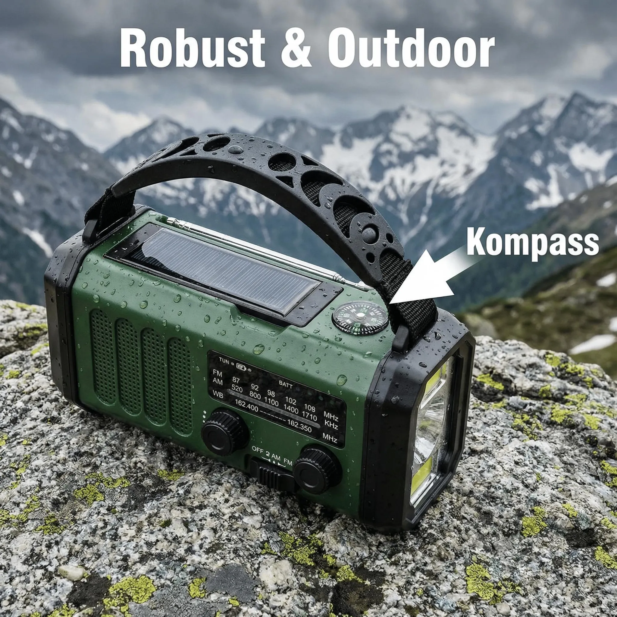 Robustes Outdoor-Radio mit Solarpanel und Kompass auf einem Felsen.
