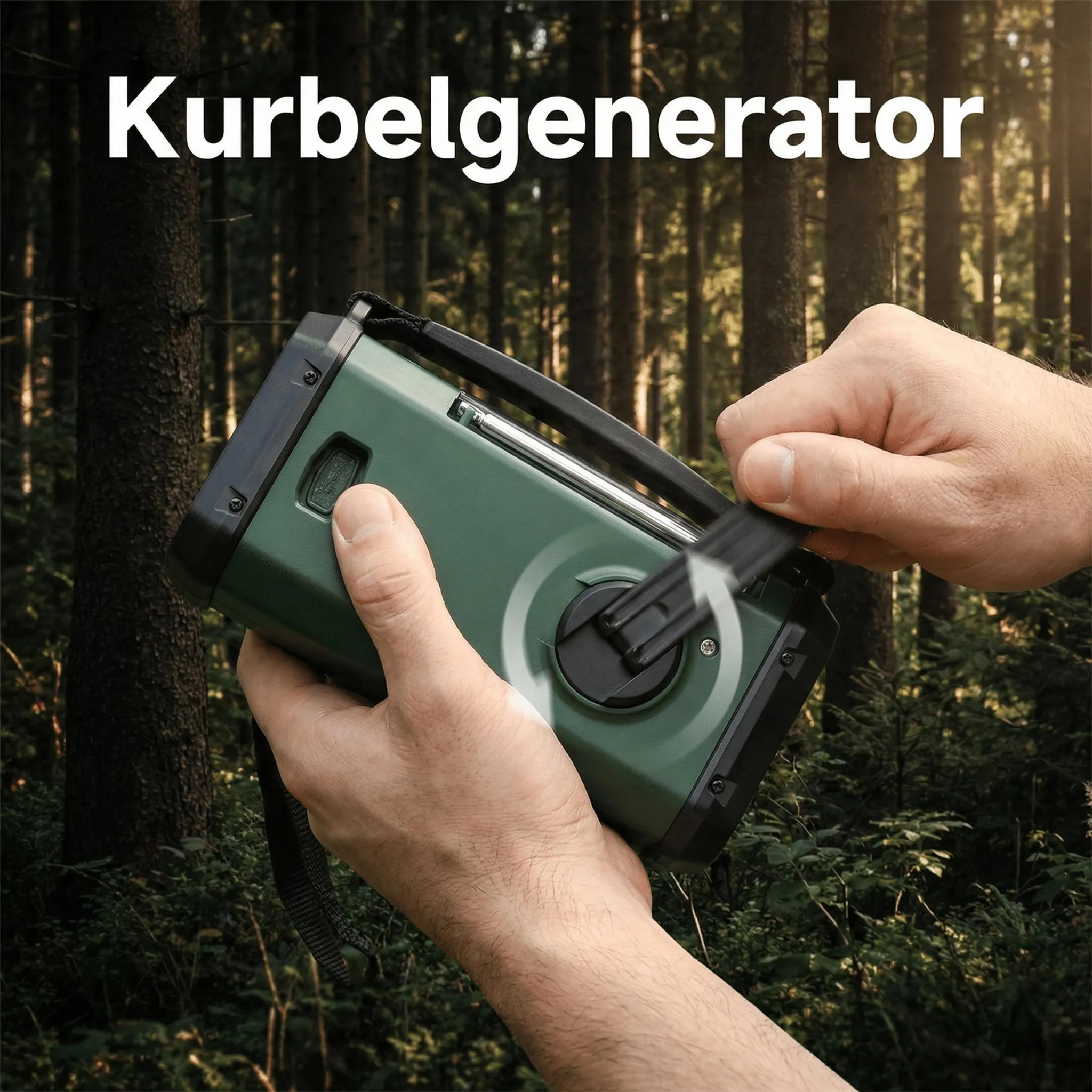 Grünes Kurbelradio im Wald, Hände drehen die Kurbel.