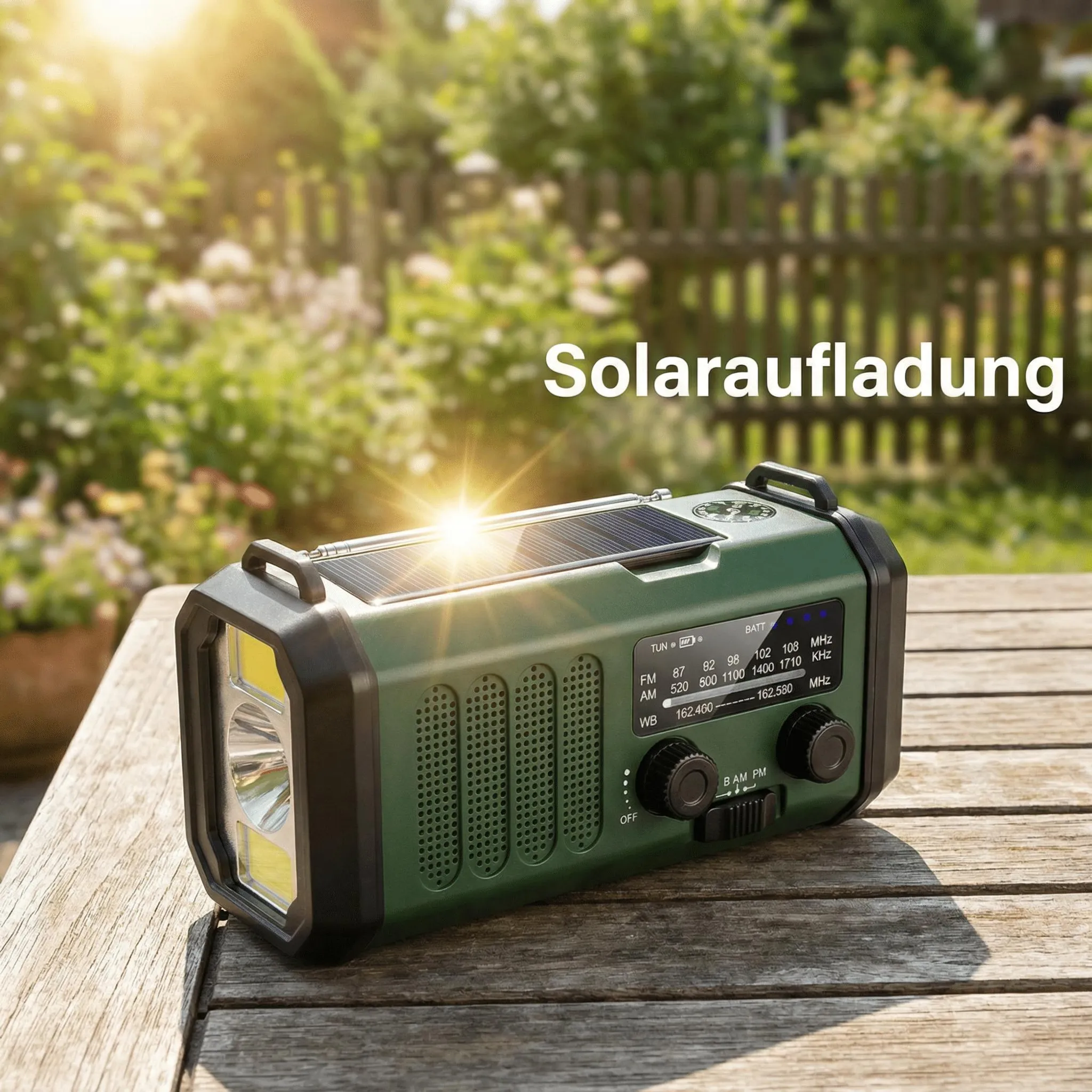 Ein grünes Notfallradio mit Solarpanel und Lampe auf einem Holztisch.