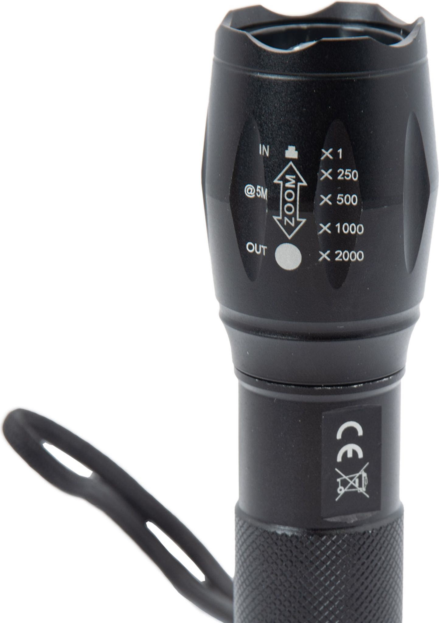 Schwarze Taschenlampe mit Zoom-Anzeige und CE-Zeichen.