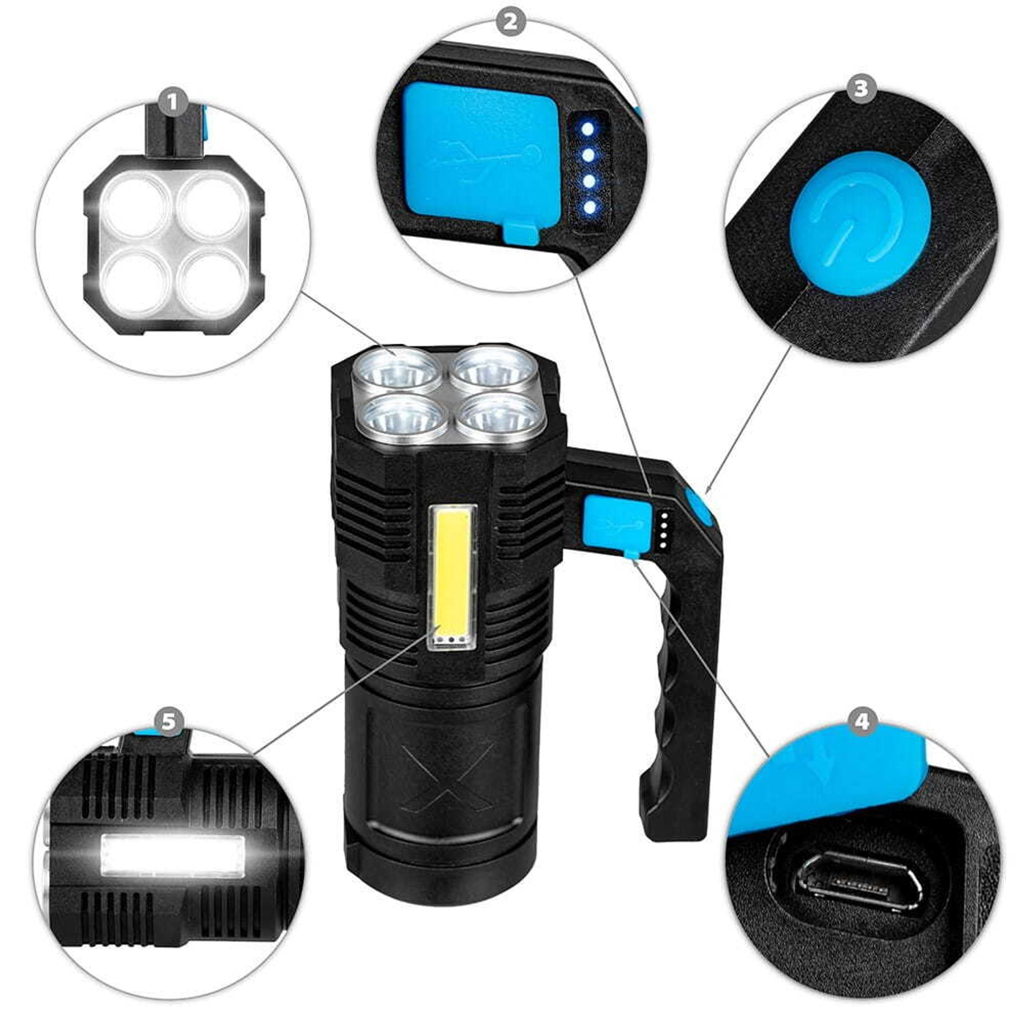 Schwarze Taschenlampe mit mehreren LED-Leuchten und USB-Ladeanschluss.