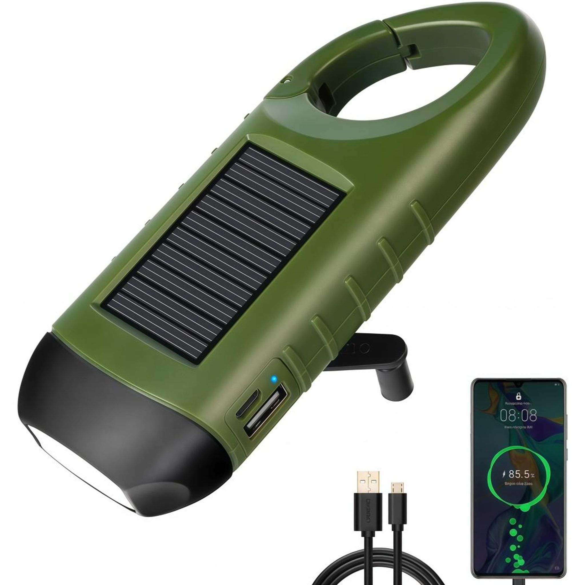 Grüne Kurbel-Taschenlampe mit Solarpanel, USB-Anschluss und Ladekabel neben einem Smartphone.