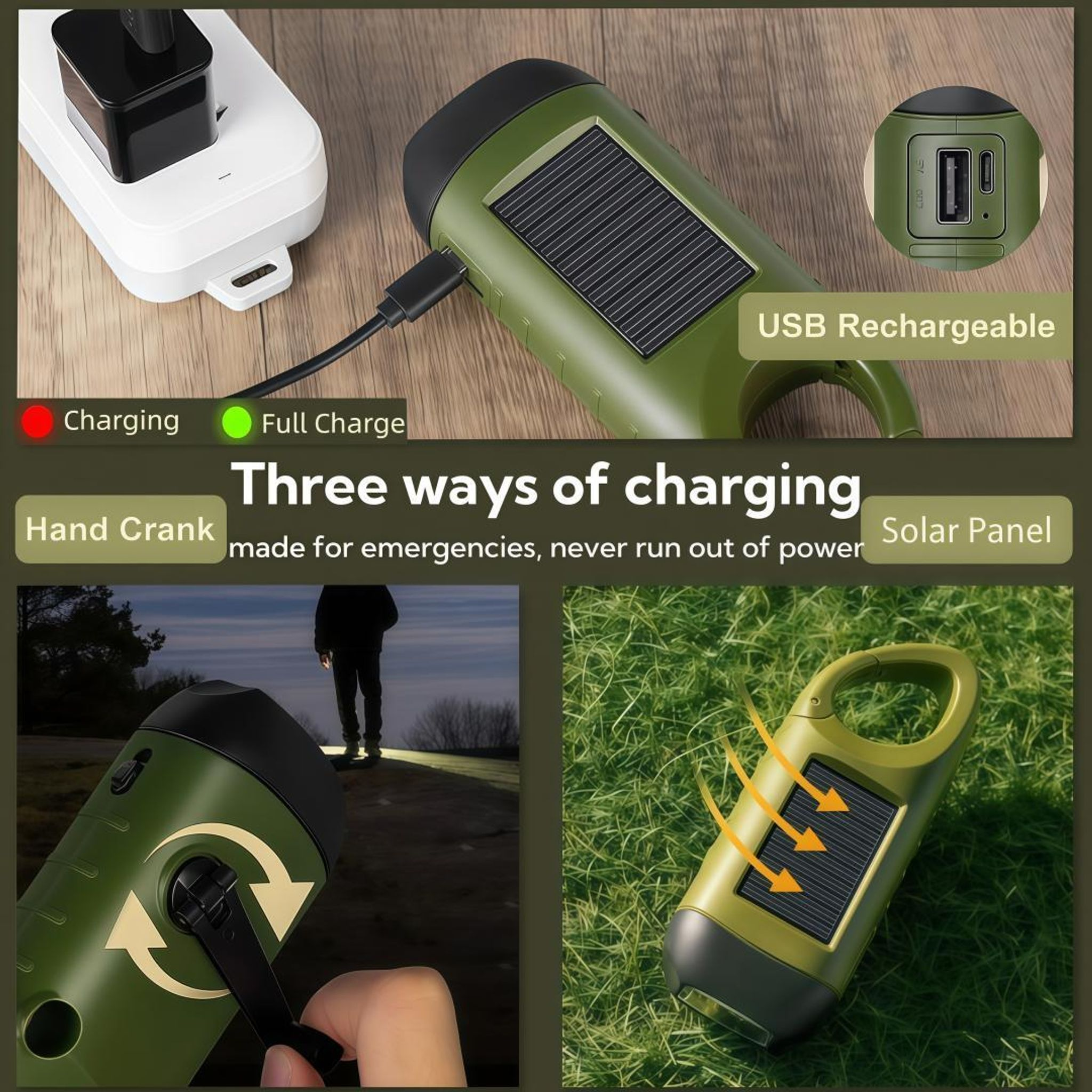 Grüne Taschenlampe mit Solarpanel, Handkurbel und USB-Ladeanschluss.